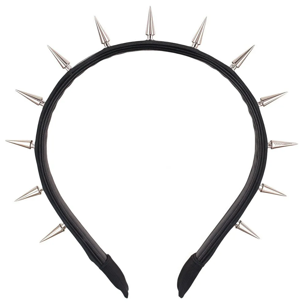 Punk rivet headband in black metal with tapered pointed nail spikes, unisex hair accessory on a solid background