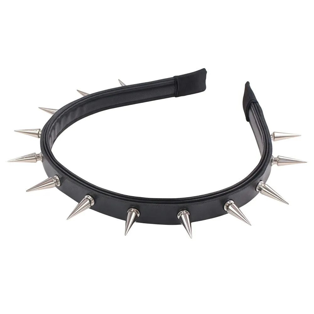 Punk rivet headband in black metal with tapered pointed nail spikes, unisex hair accessory on a solid background