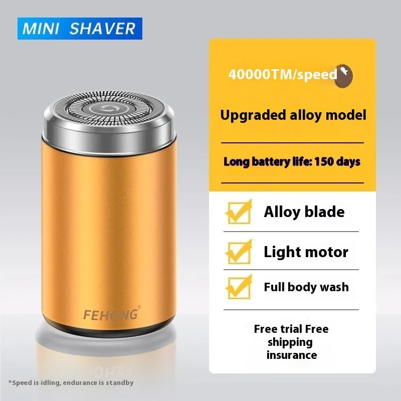 Mini fully washable portable men's electric shaver with stainless steel blade and brushless motor in elegant gold