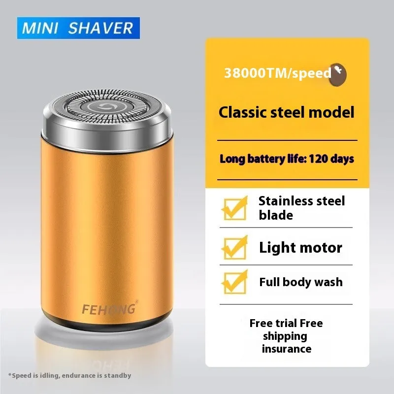 Mini fully washable portable men's electric shaver with stainless steel blade and brushless motor in elegant gold