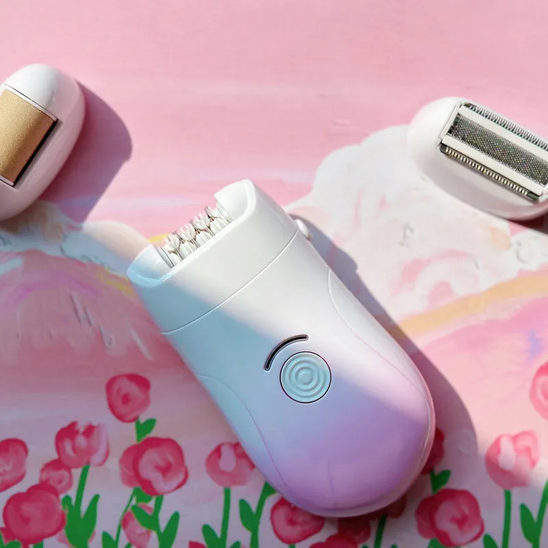 Pink USB three-in-one waterproof hair removal device for women with attachments and USB cable