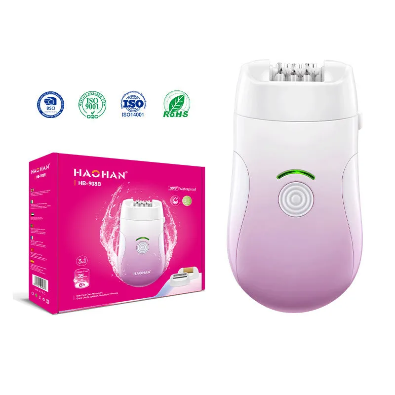 Pink USB three-in-one waterproof hair removal device for women with attachments and USB cable