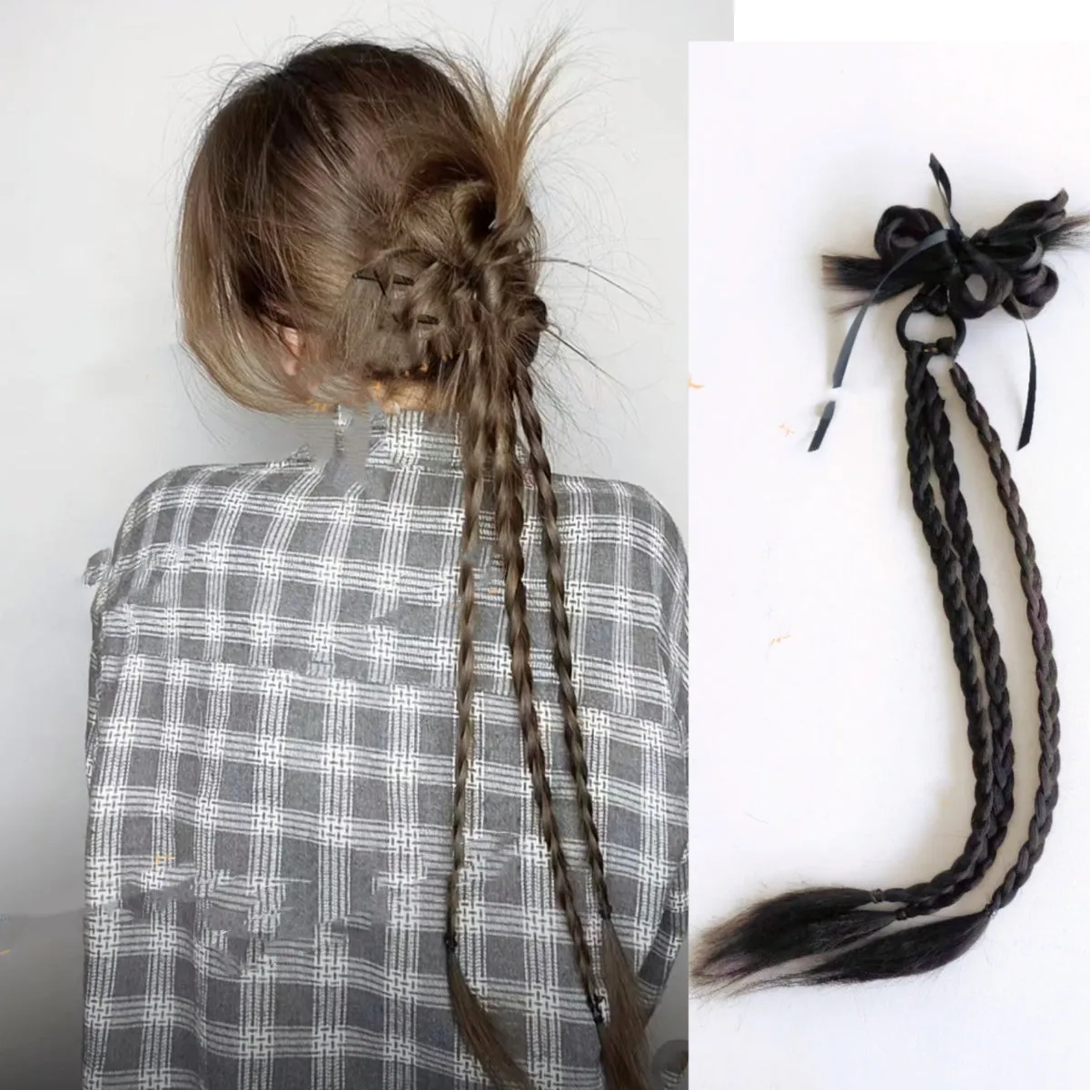 Wig with scratch clip boxing braid in natural black 60cm length protein silk