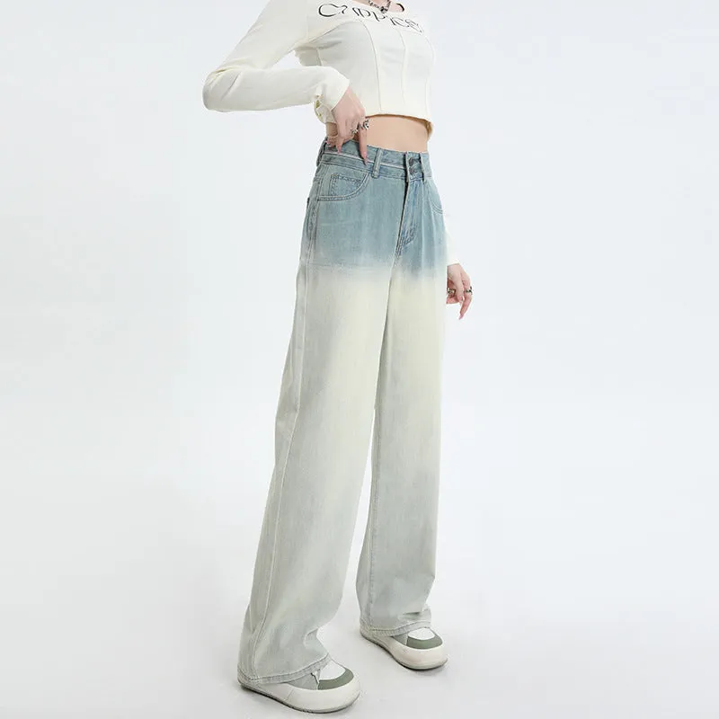 Women's gradient blue wide leg straight-leg denim trousers laid flat.
