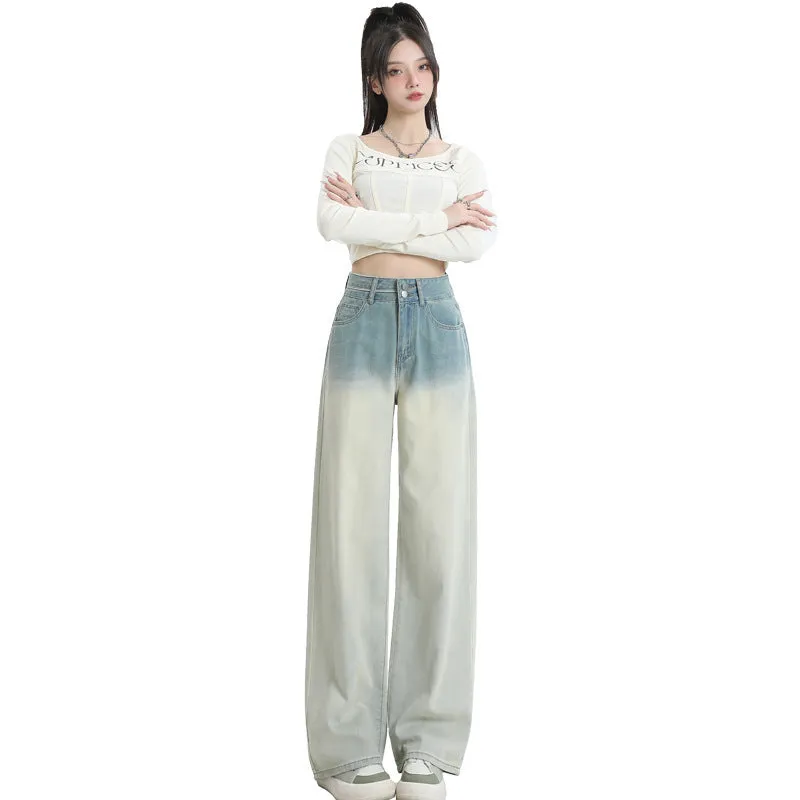 Women's gradient blue wide leg straight-leg denim trousers laid flat.