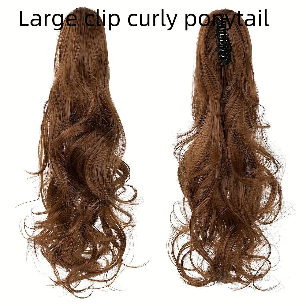 Curly high ponytail wig with big hair claw in black, 50 cm long synthetic fibre