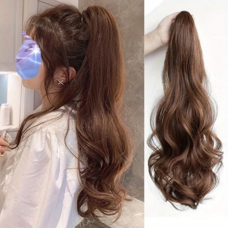 Curly high ponytail wig with big hair claw in black, 50 cm long synthetic fibre