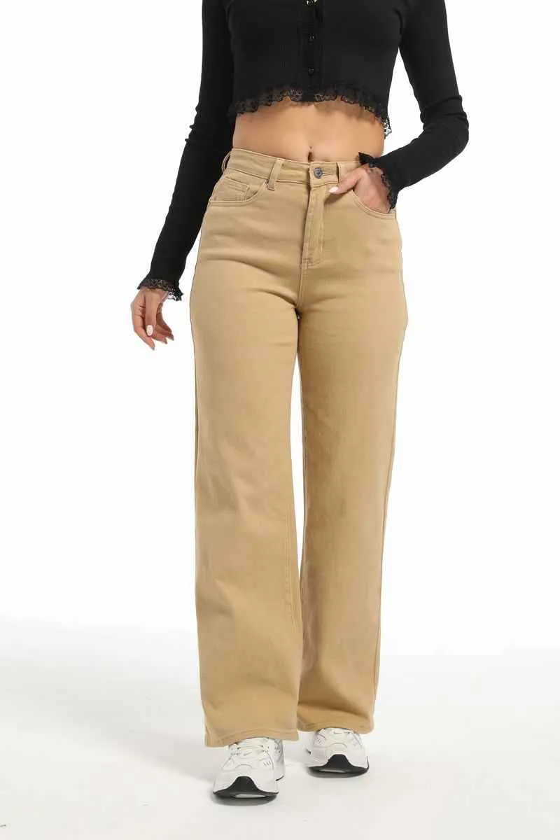 Women's straight leg wide leg jeans in apricot and khaki colours with high waist design