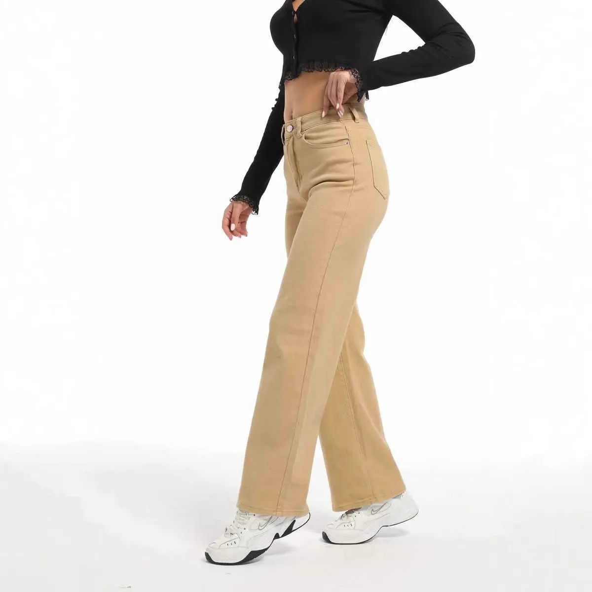 Women's straight leg wide leg jeans in apricot and khaki colours with high waist design
