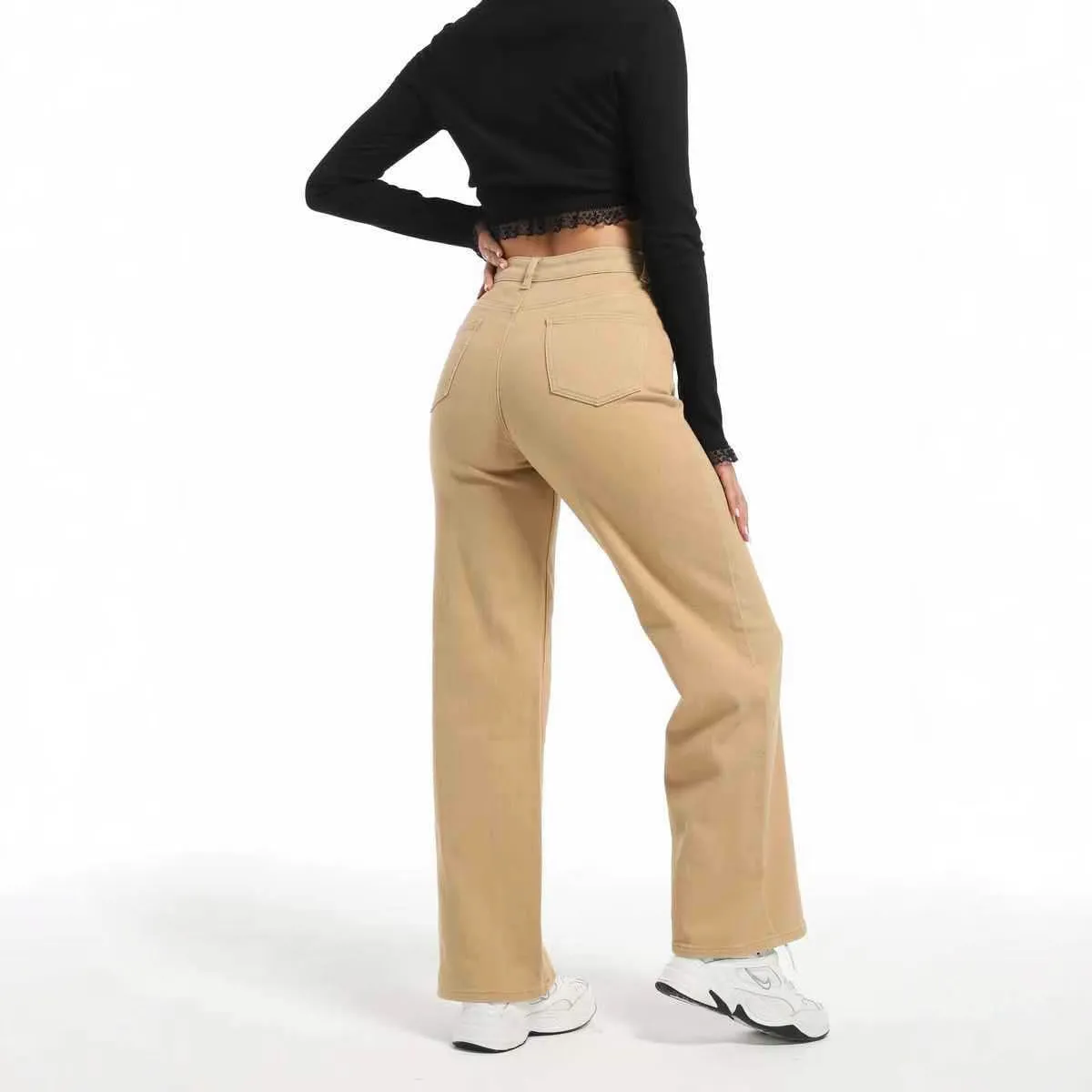 Women's straight leg wide leg jeans in apricot and khaki colours with high waist design