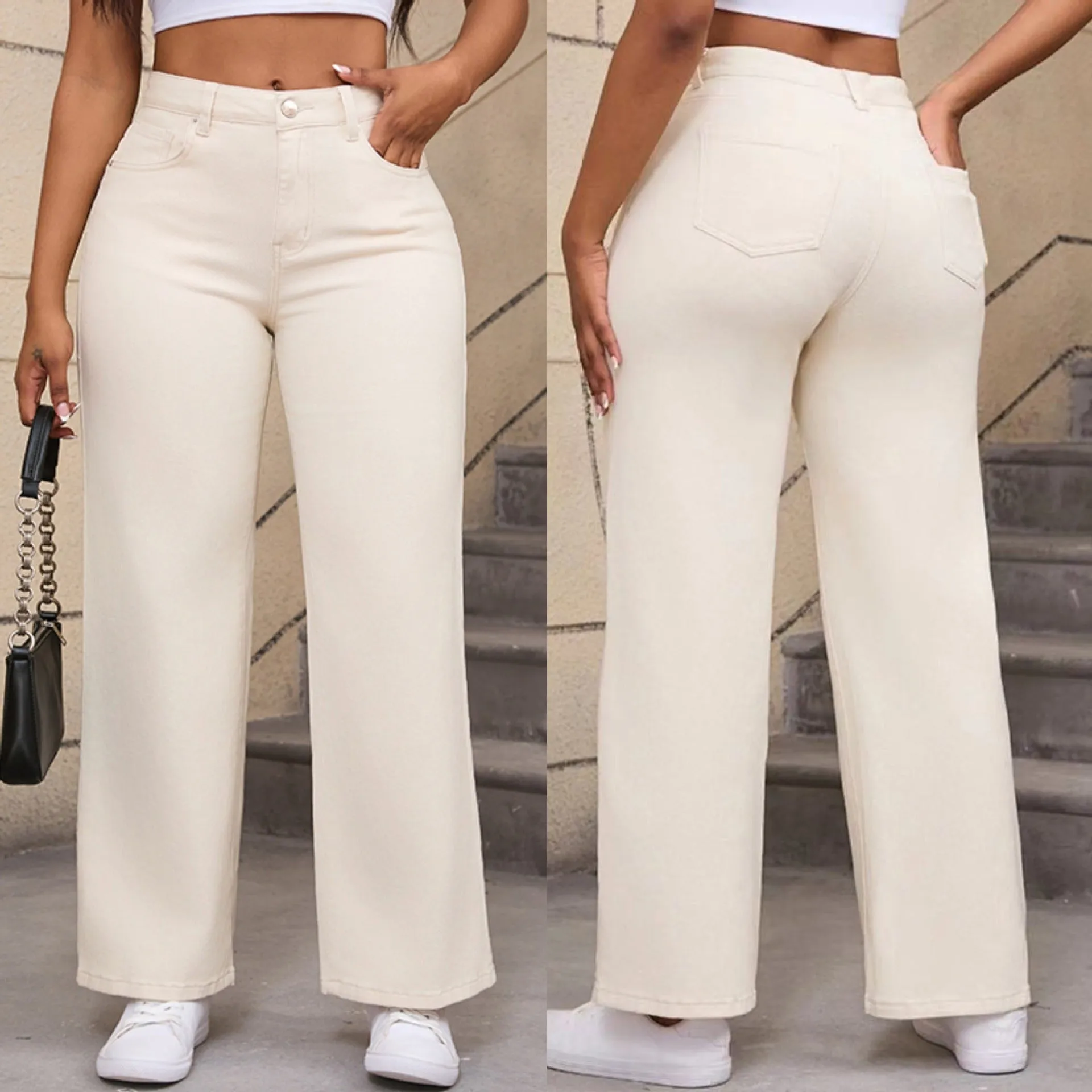 Women's straight leg wide leg jeans in apricot and khaki colours with high waist design
