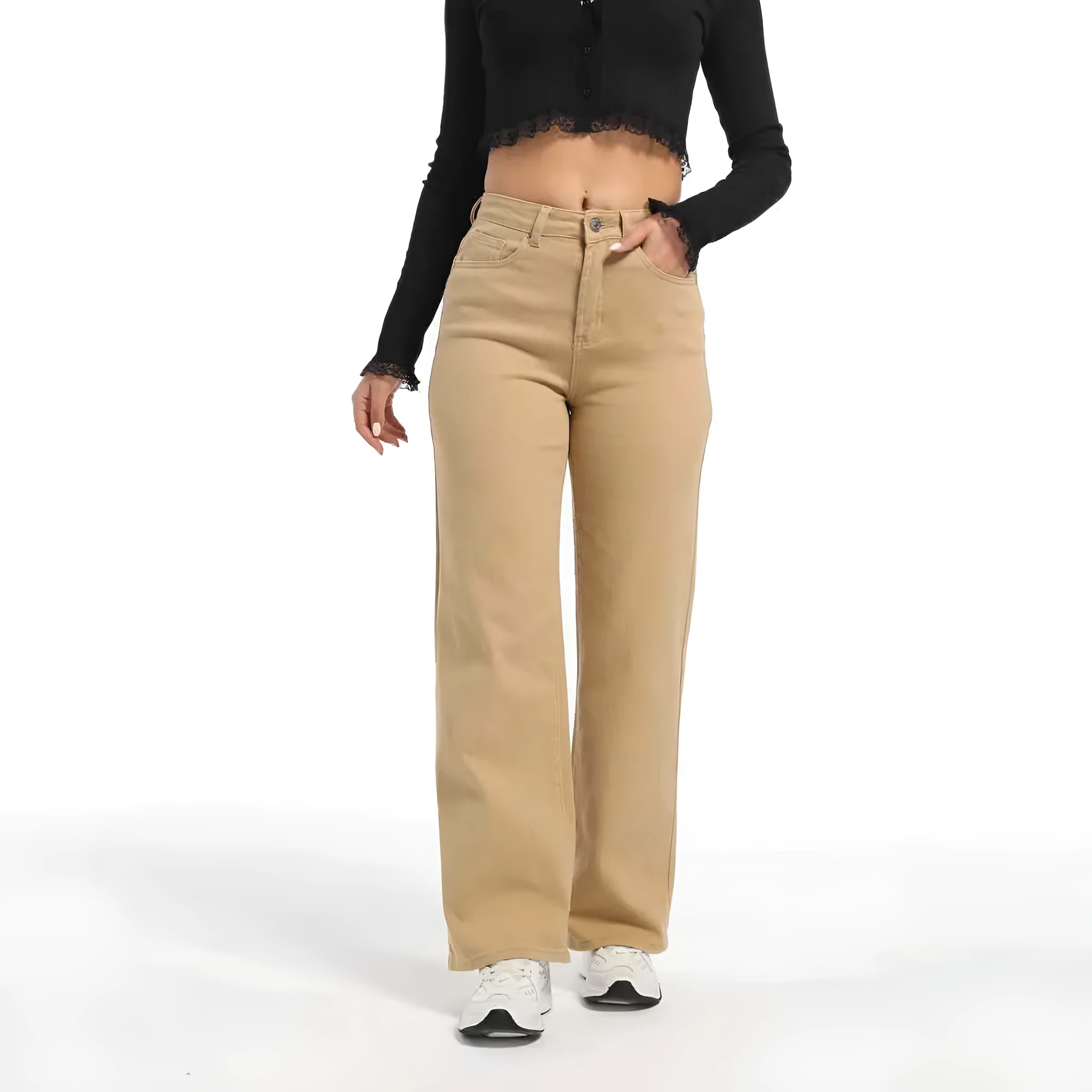 Women's straight leg wide leg jeans in apricot and khaki colours with high waist design