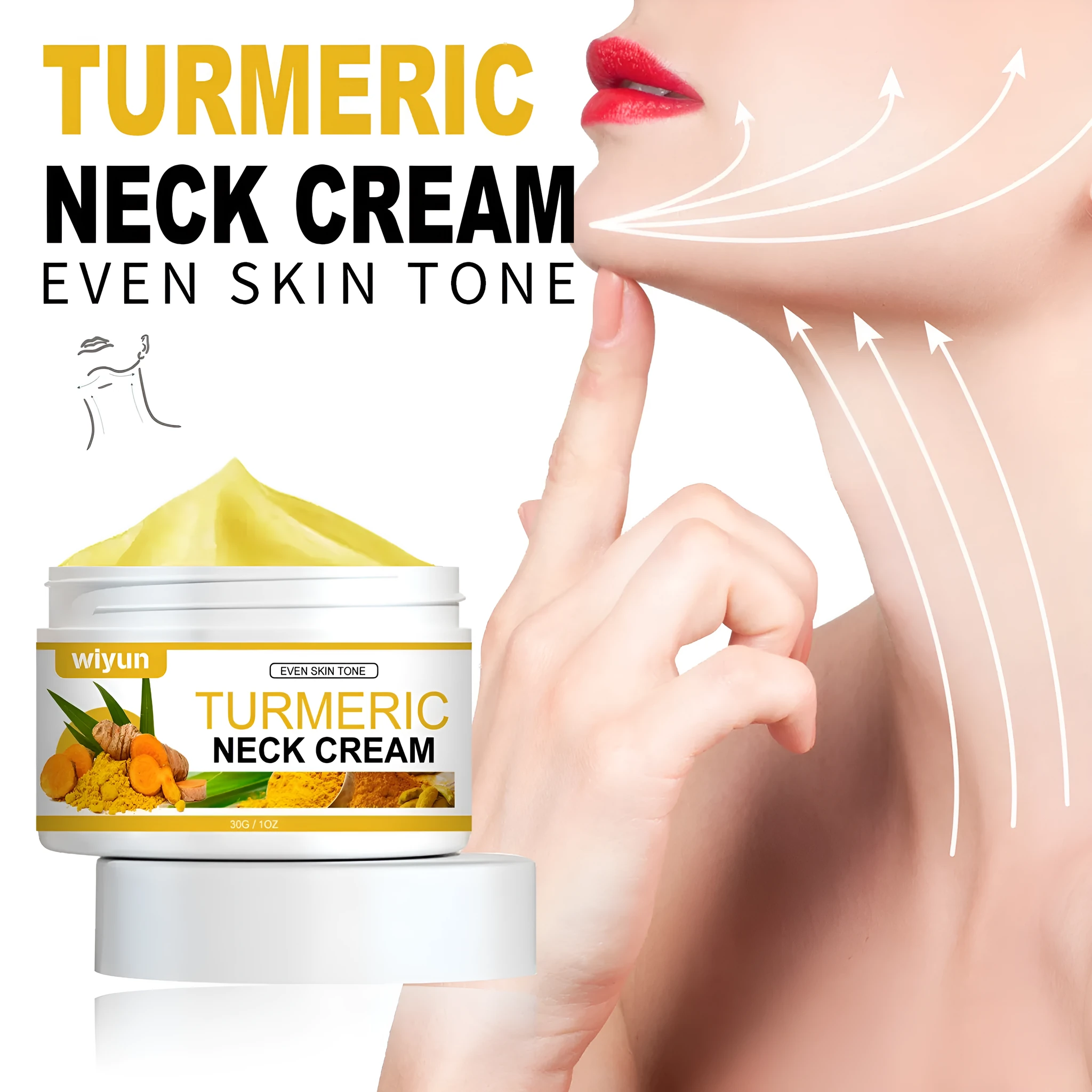 Turmeric neck cream 30g in a compact white container with green lid, hyaluronic acid and retinol formula