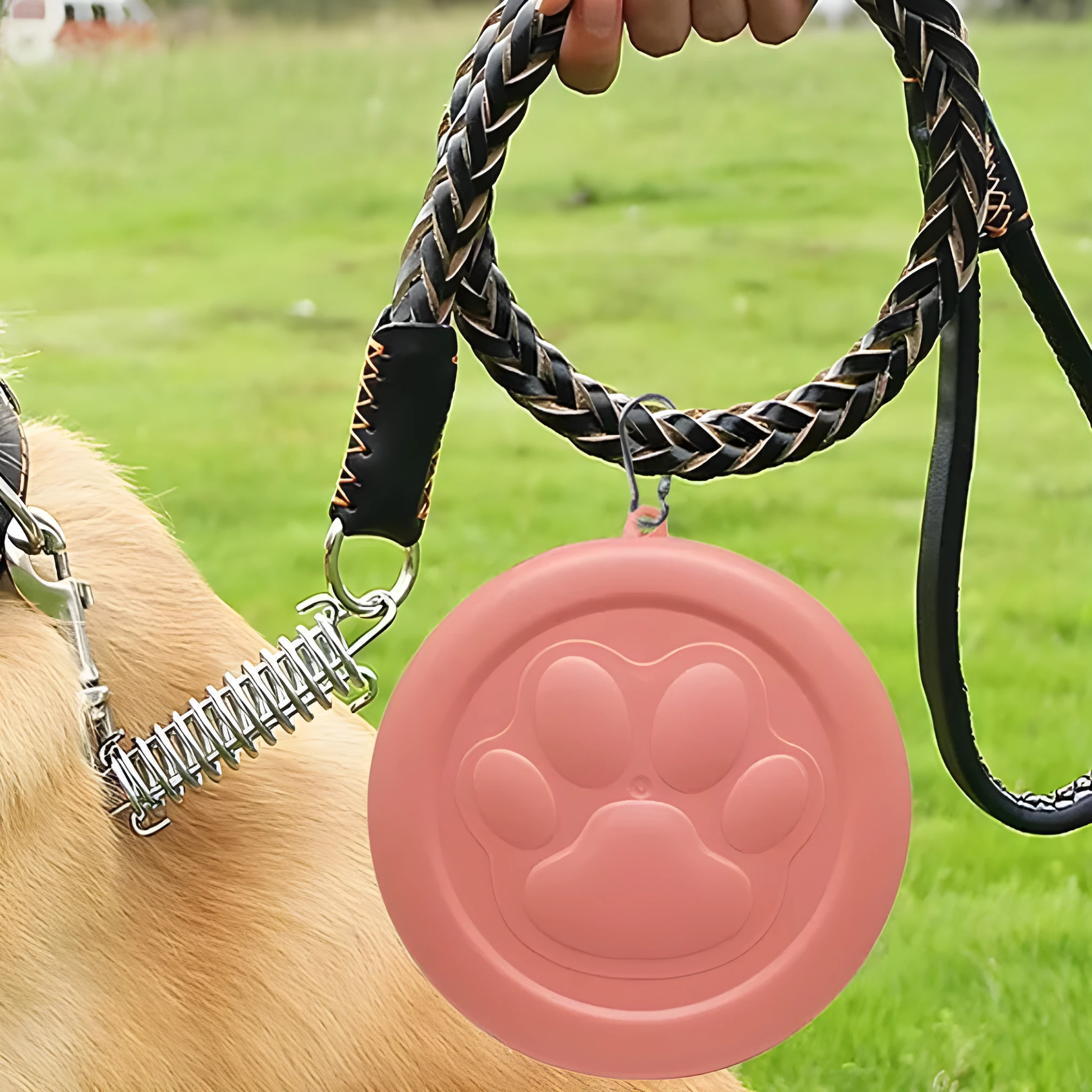 Collapsible two-layer silicone dog travel bowl in light pink and green, showing food and water compartments.