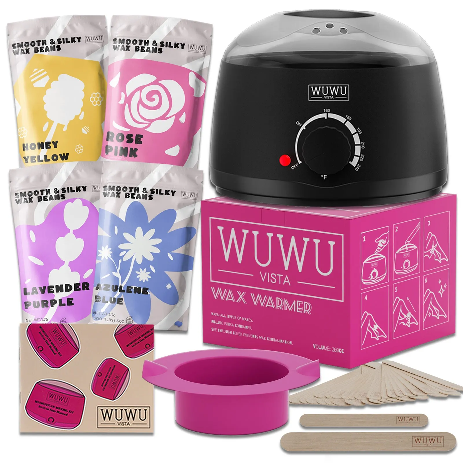 27-piece hair removal wax kit showing four coloured wax beads, electric machine, wax sticks and guidebook