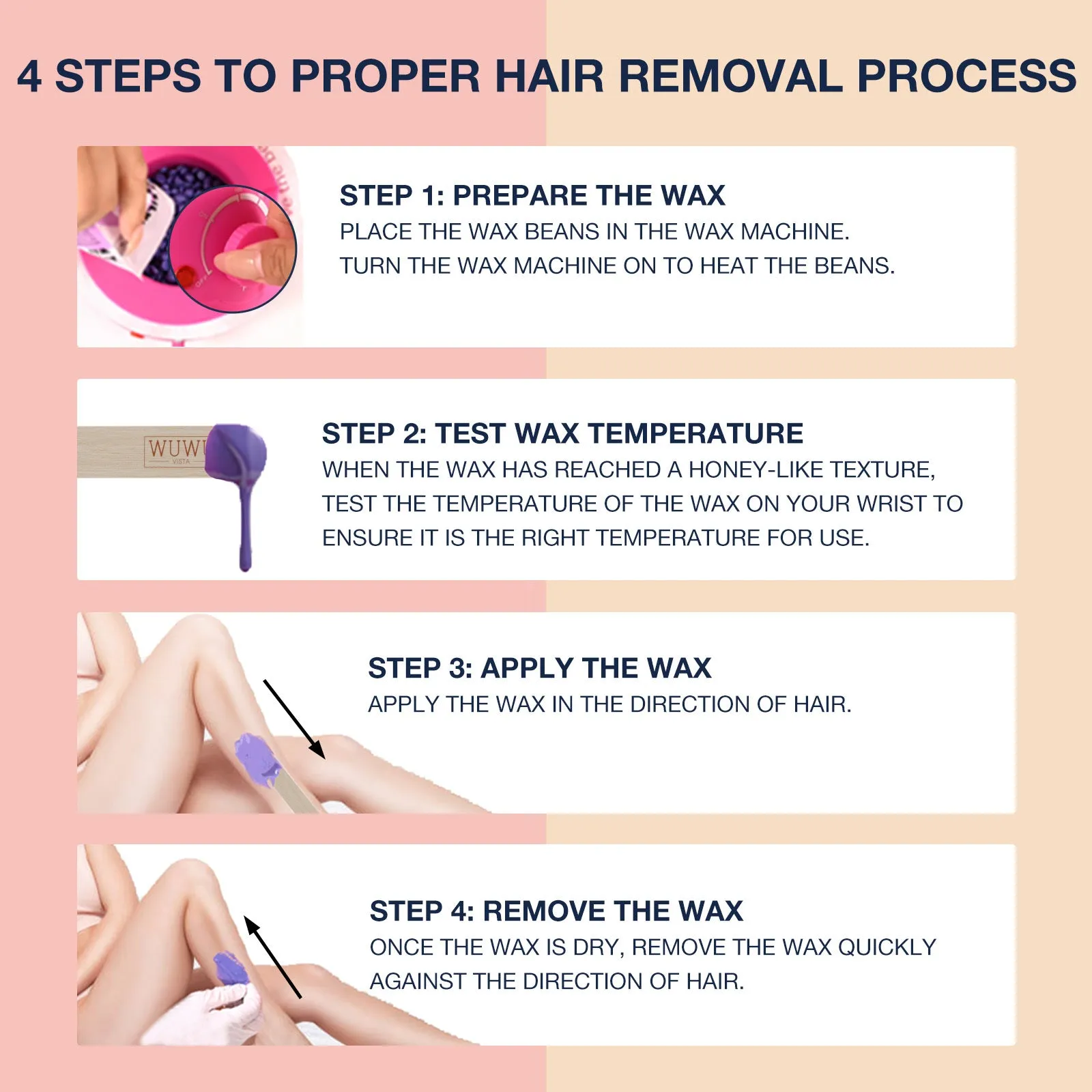 27-piece hair removal wax kit showing four coloured wax beads, electric machine, wax sticks and guidebook
