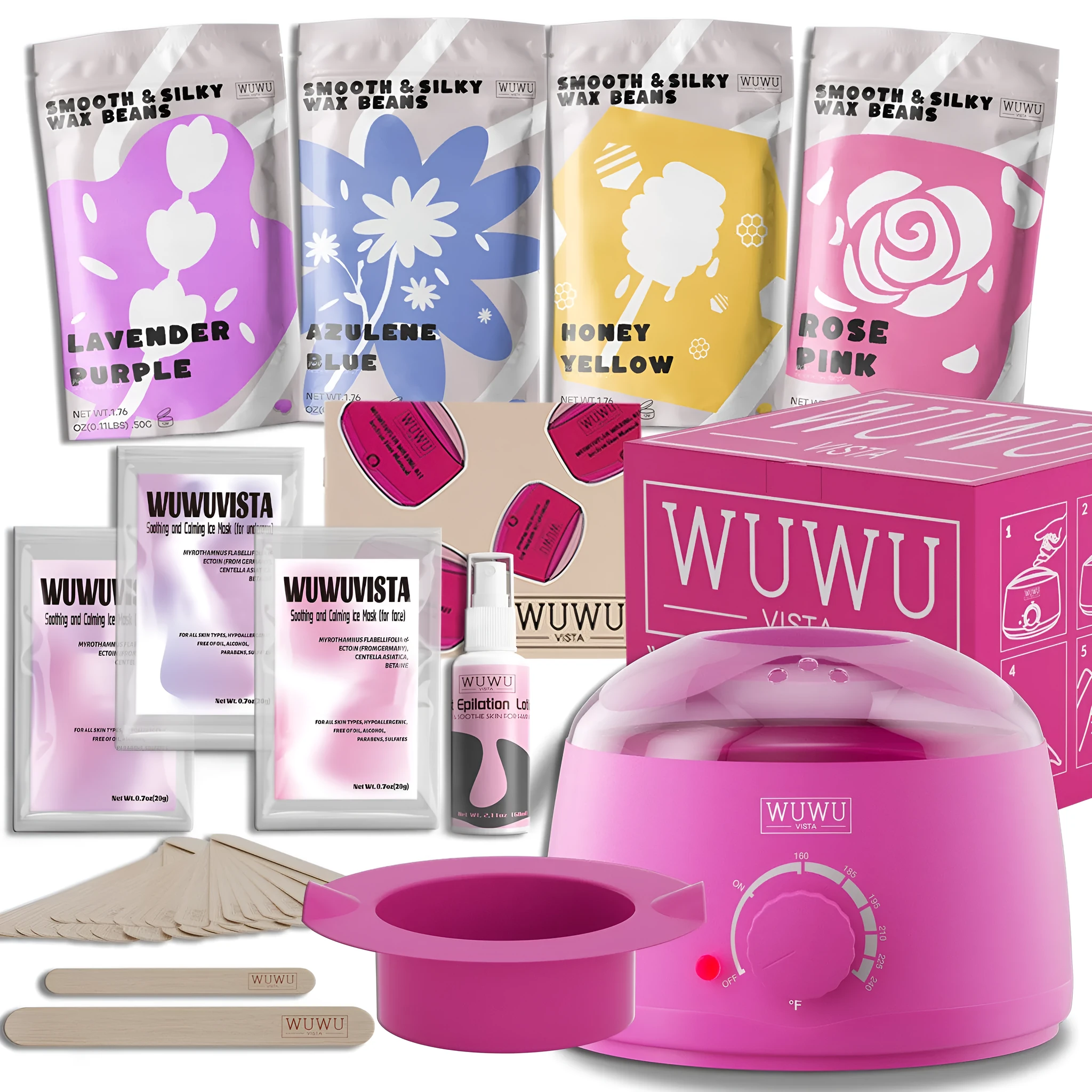 WUWUVISTA 29-piece hard wax kit with black wax warmer, pink and black wax beads, applicator sticks, and aftercare bottles.