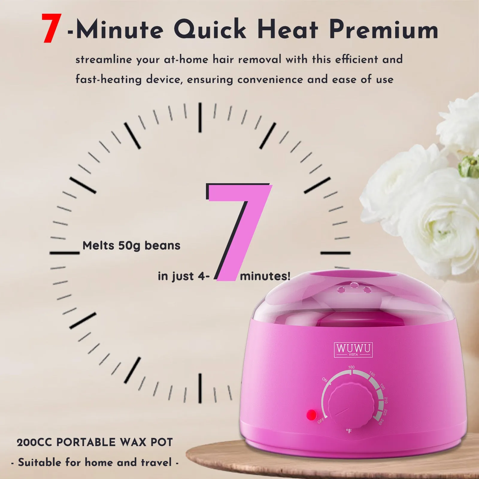 WUWUVISTA 29-piece hard wax kit with black wax warmer, pink and black wax beads, applicator sticks, and aftercare bottles.