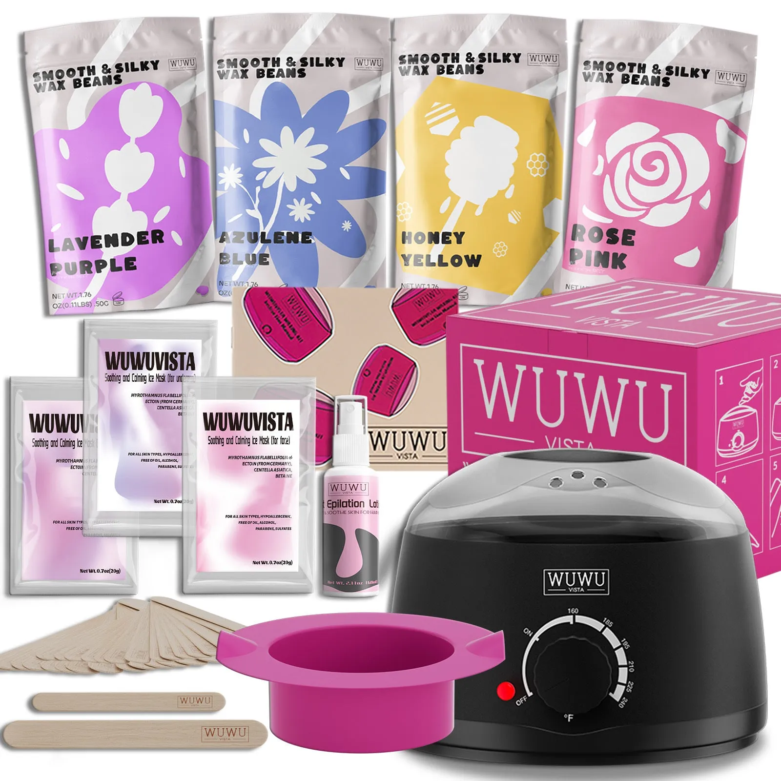 WUWUVISTA 29-piece hard wax kit with black wax warmer, pink and black wax beads, applicator sticks, and aftercare bottles.