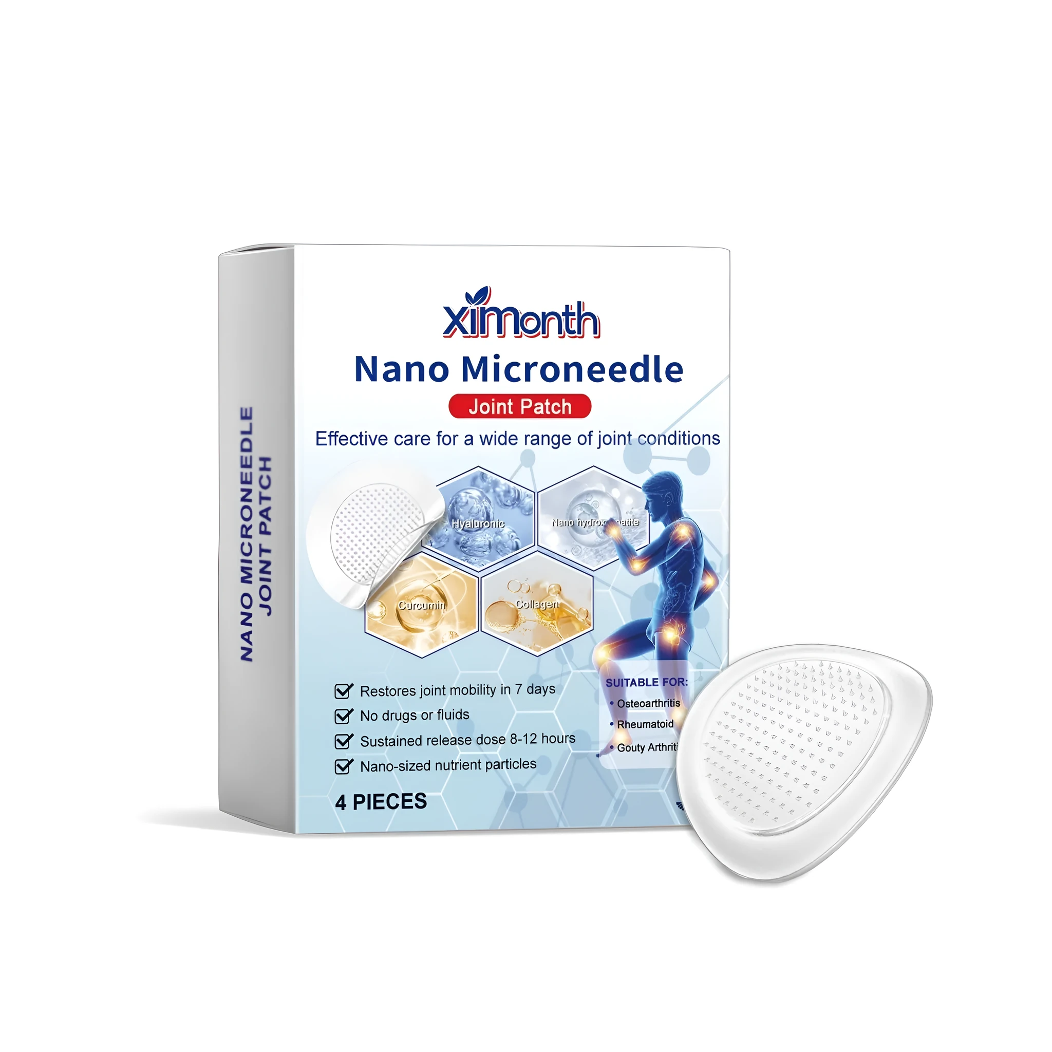 Nano microneedle joint patch pack of four with curcumin and collagen active ingredients for joint care