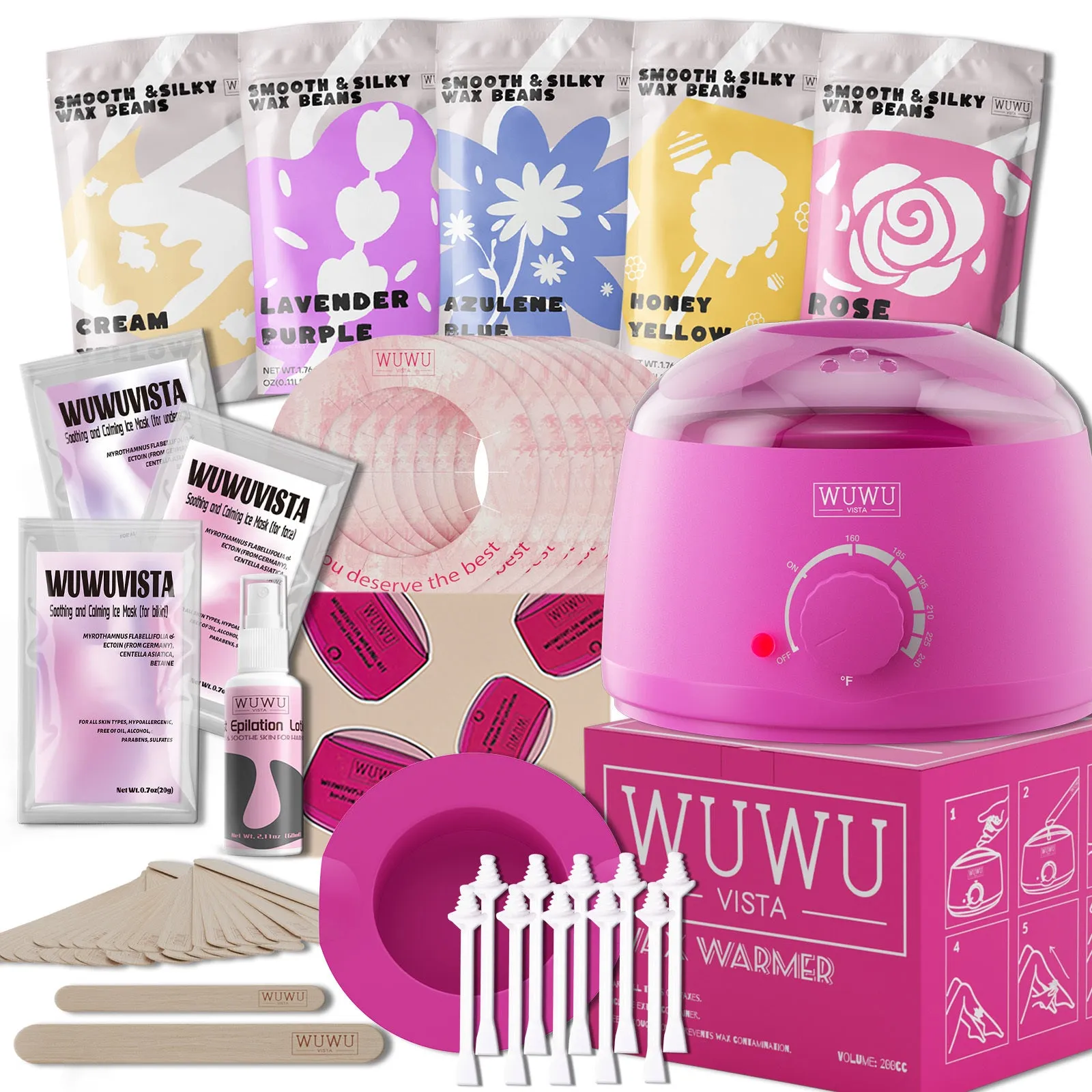 Black or pink professional waxing kit with wax warmer, hard wax beans, applicator sticks and post-care products