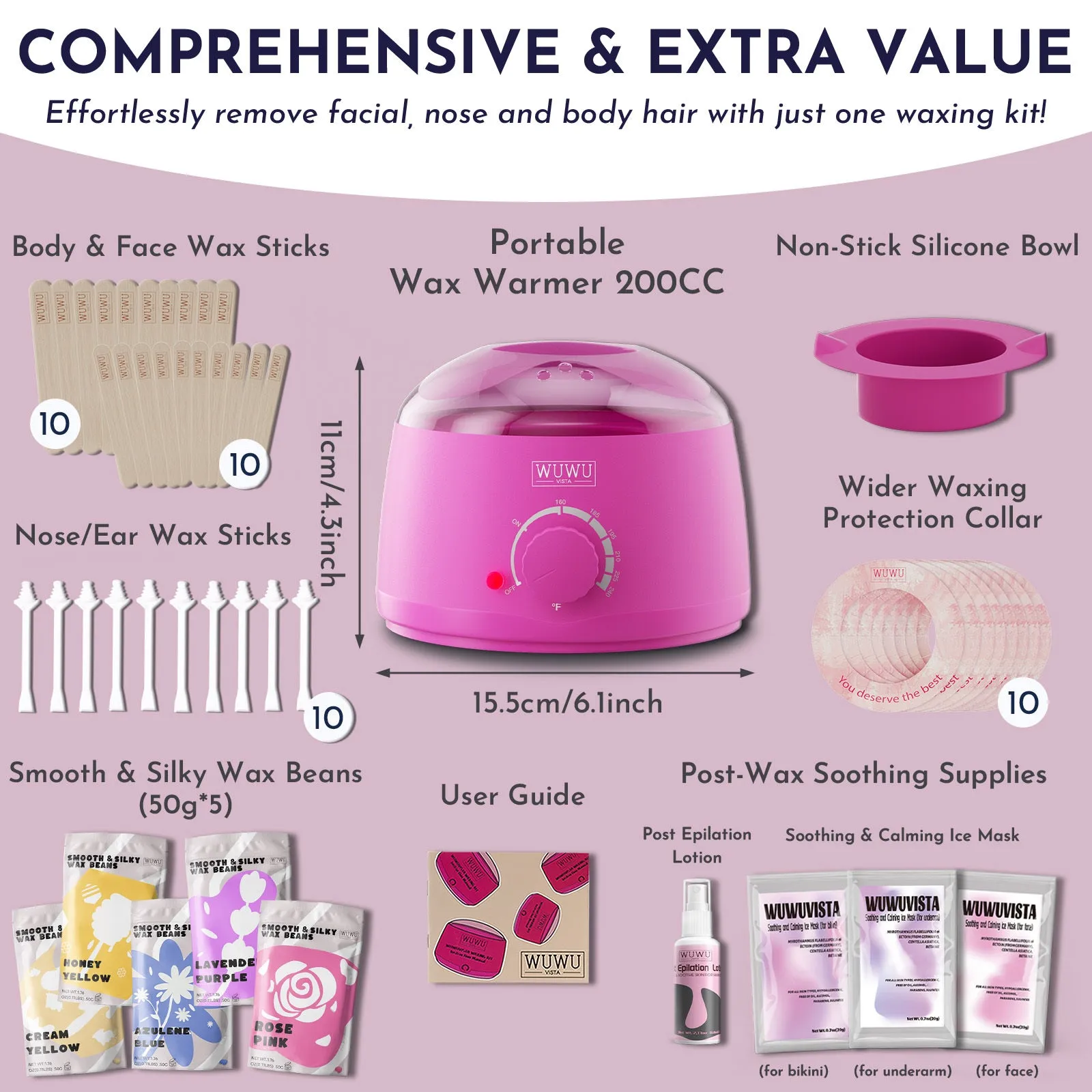 Black or pink professional waxing kit with wax warmer, hard wax beans, applicator sticks and post-care products