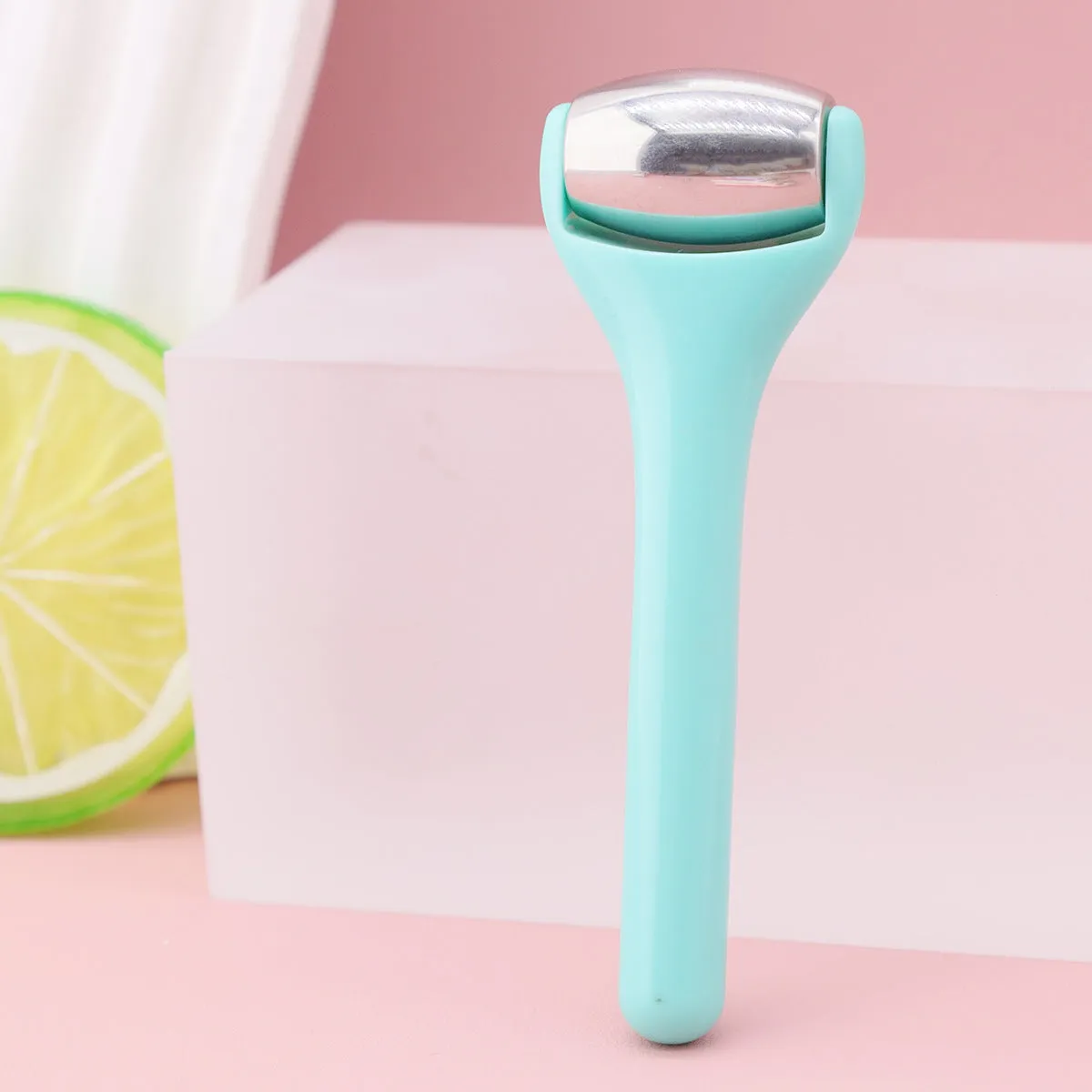 Ice roller eye cream stick 8cm cold compress tool with stainless steel head in pink colour