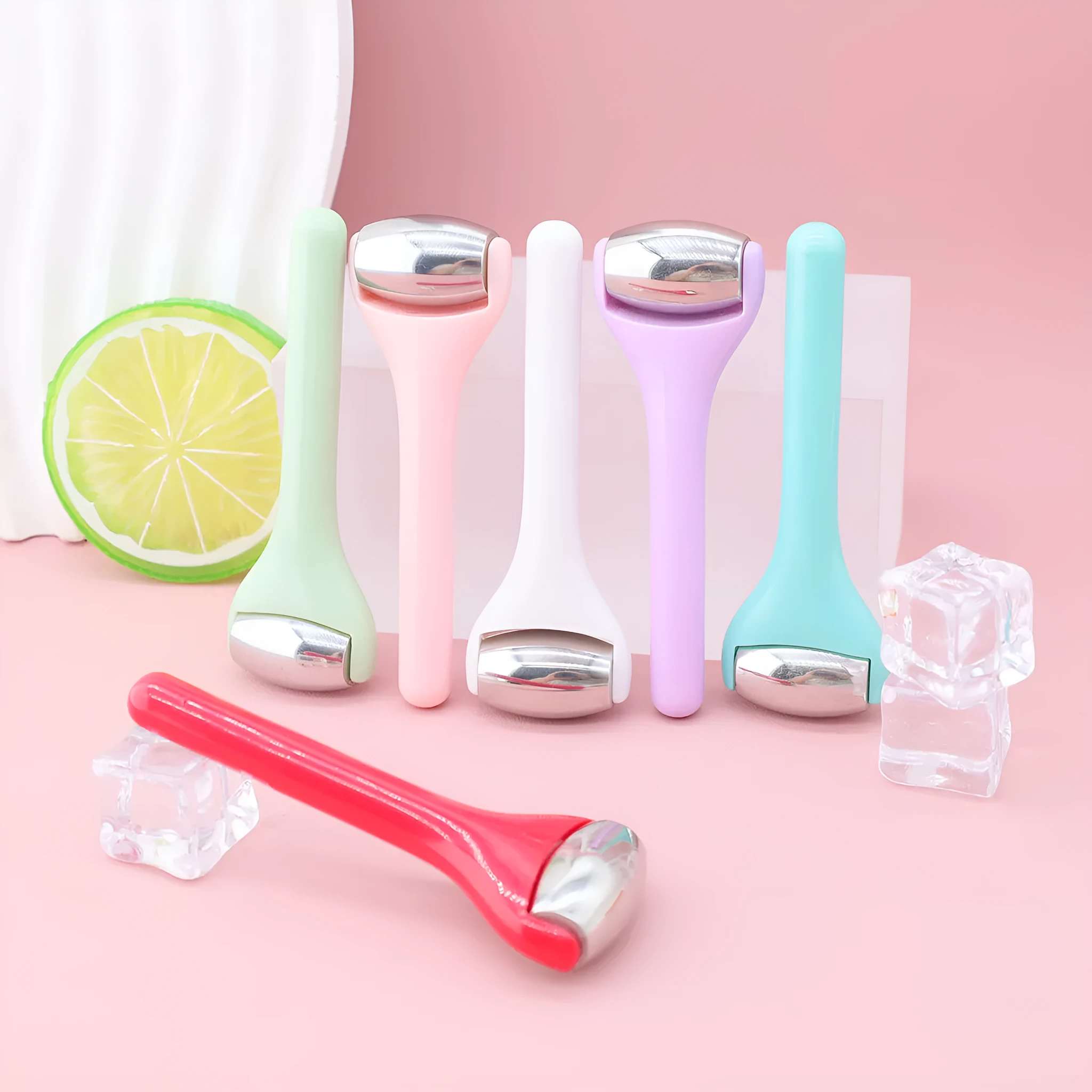 Ice roller eye cream stick 8cm cold compress tool with stainless steel head in pink colour