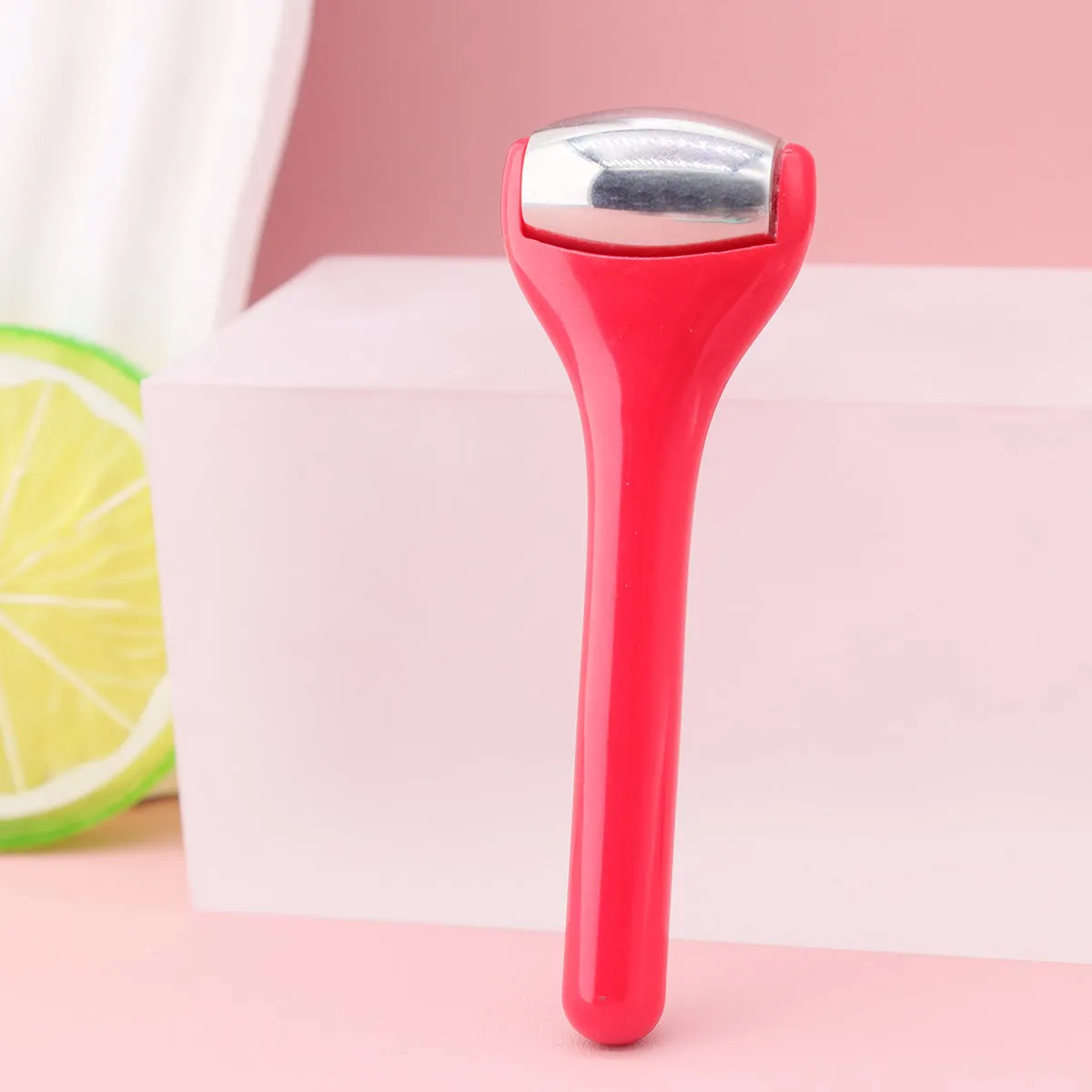 Ice roller eye cream stick 8cm cold compress tool with stainless steel head in pink colour