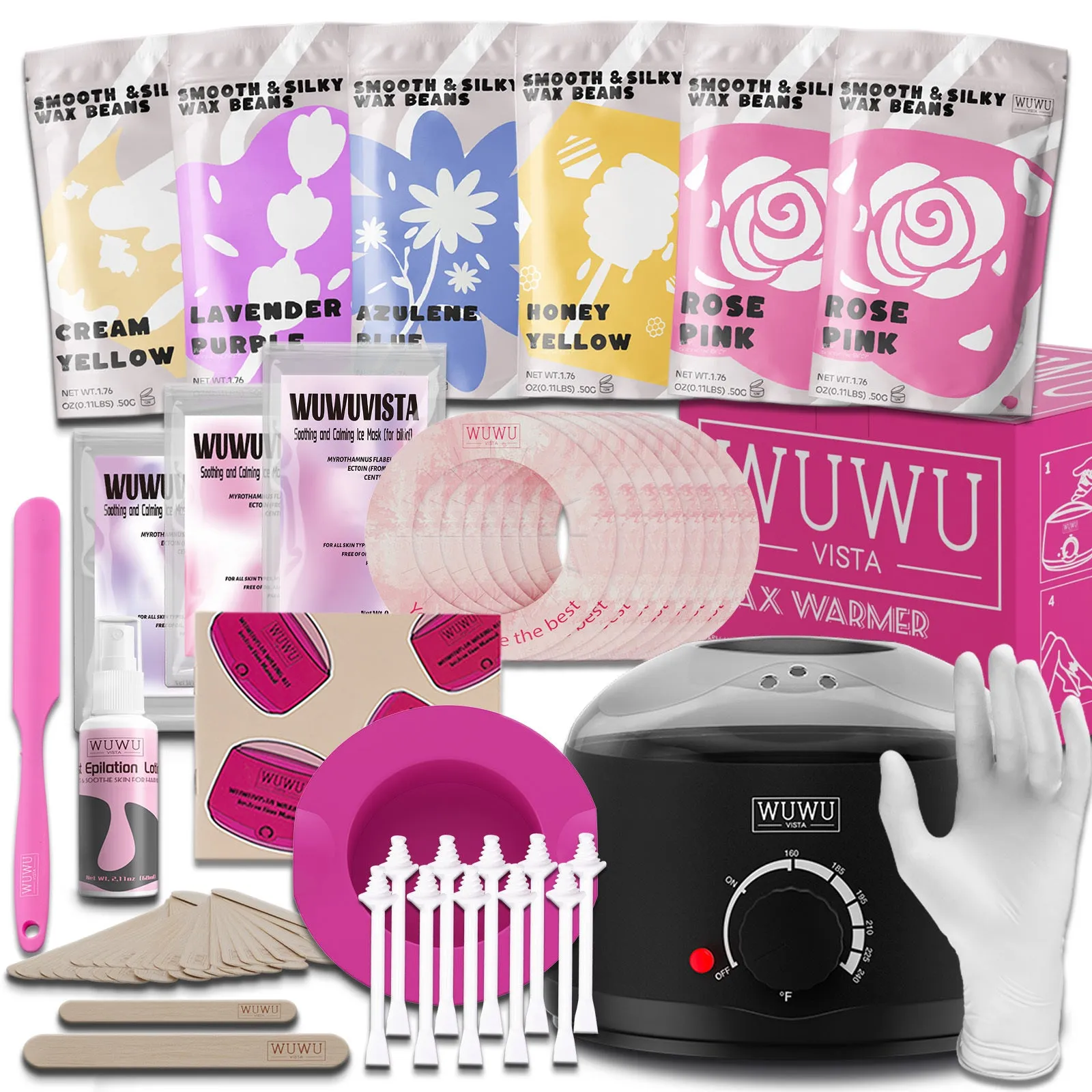 WUWUVISTA 56-piece professional waxing kit with wax warmer, coloured wax beads, applicators, and aftercare products