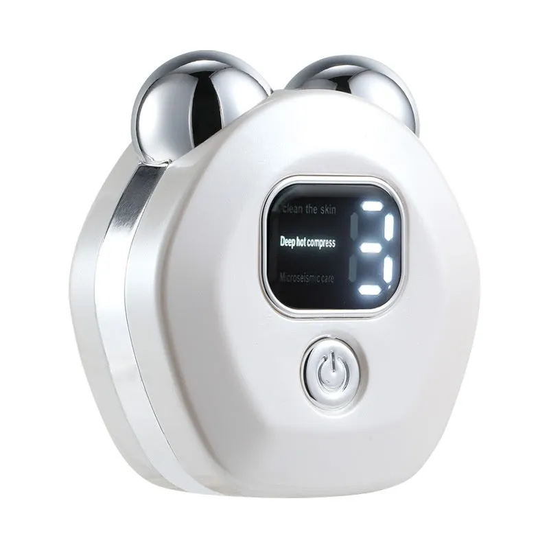 Portable white handheld facial massage instrument with a dual-roller head for micro current and hot compress therapy.