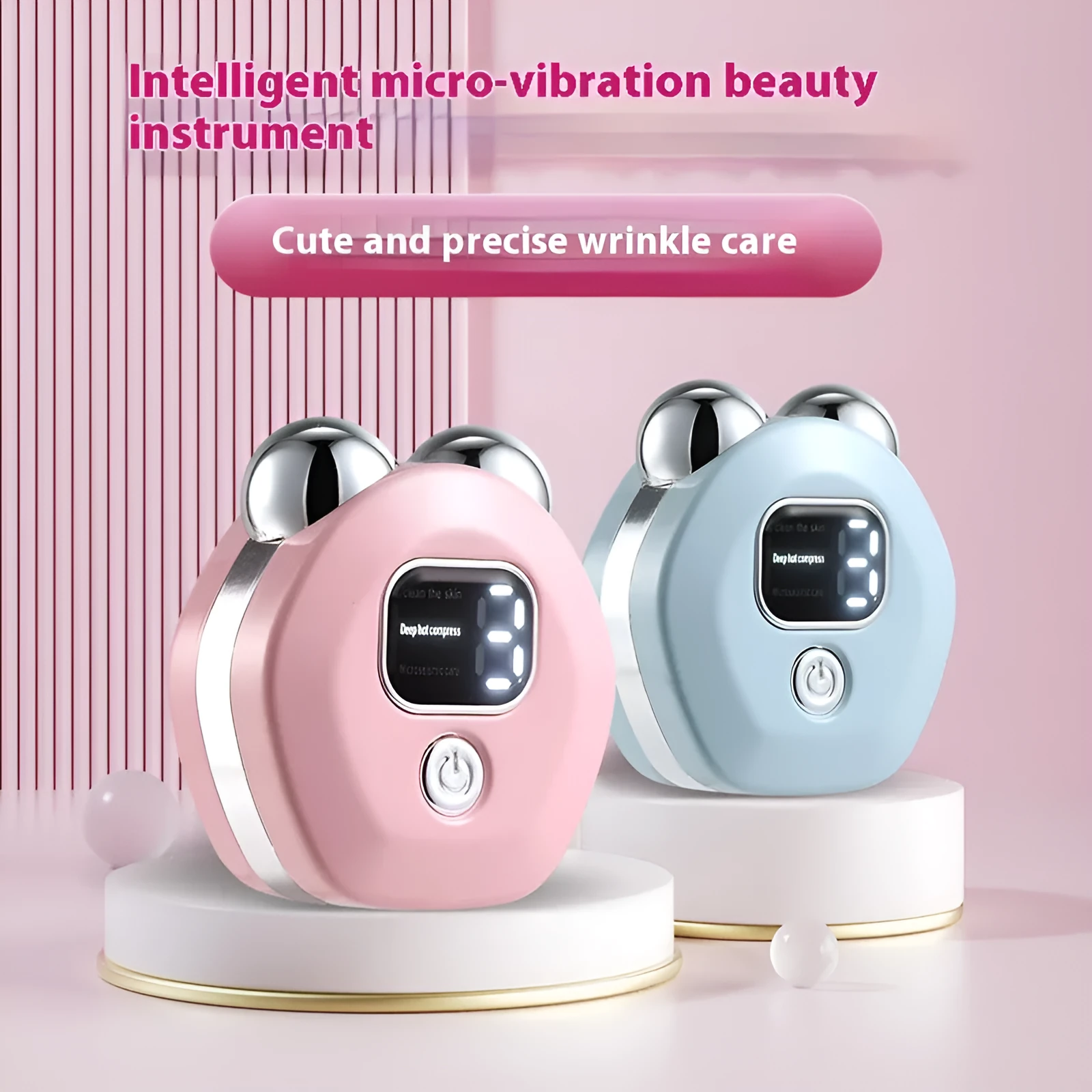 Portable white handheld facial massage instrument with a dual-roller head for micro current and hot compress therapy.