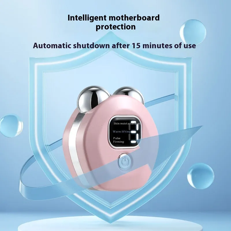 Portable white handheld facial massage instrument with a dual-roller head for micro current and hot compress therapy.