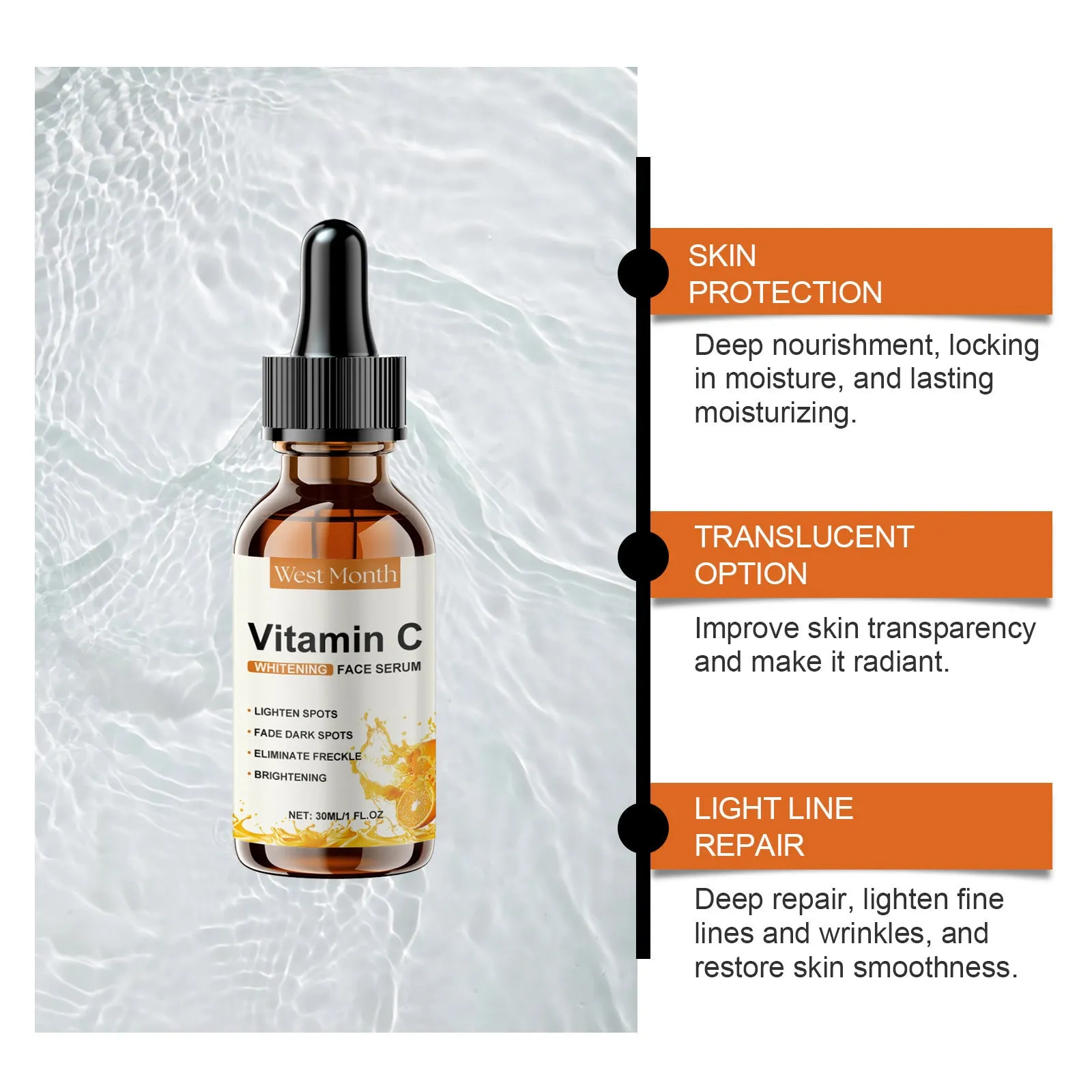 30ml moisturising skin essence with hyaluronic acid and vitamin C in a standard bottle