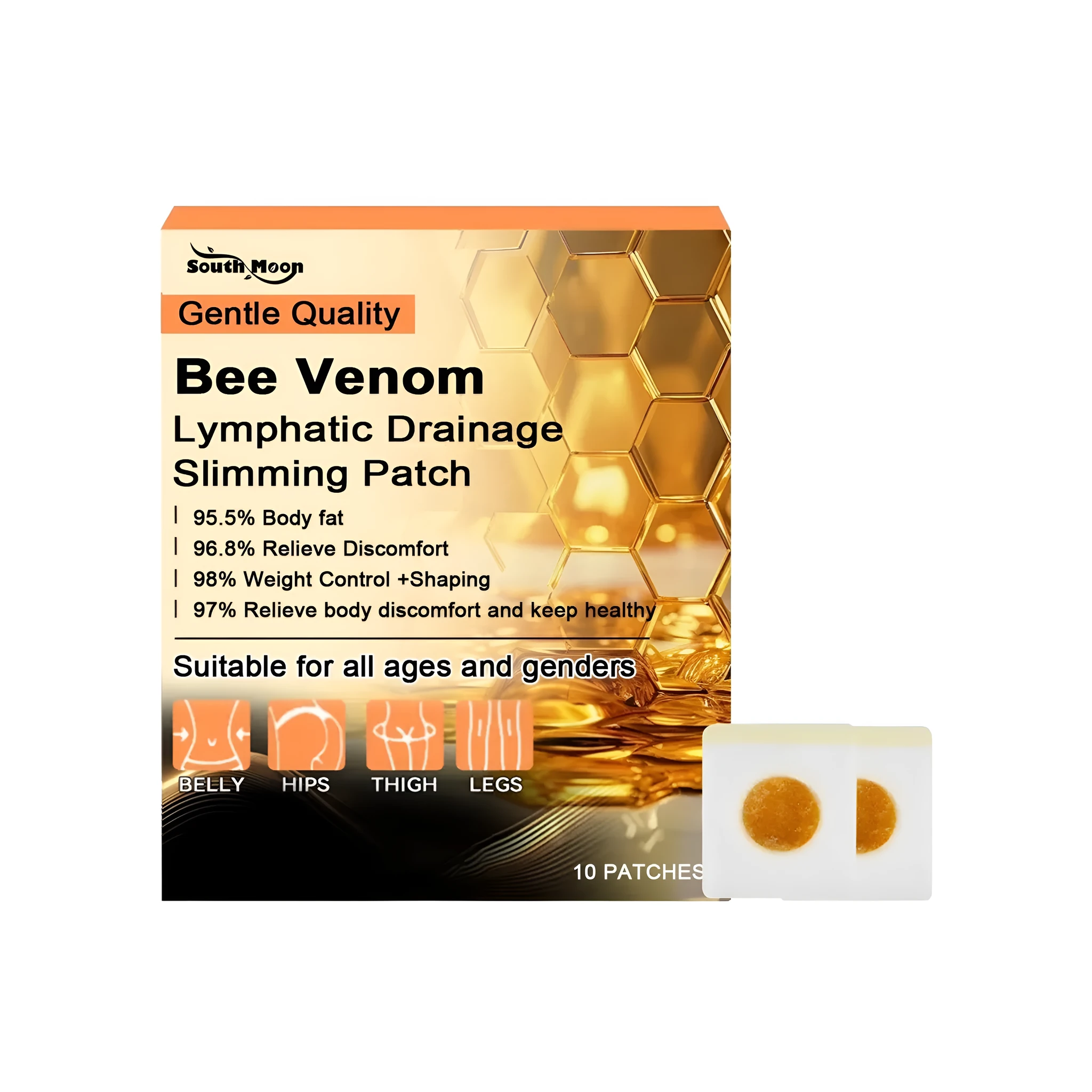 Box of 10 body shaping weight loss patches with bee venom and mint leaves on white background