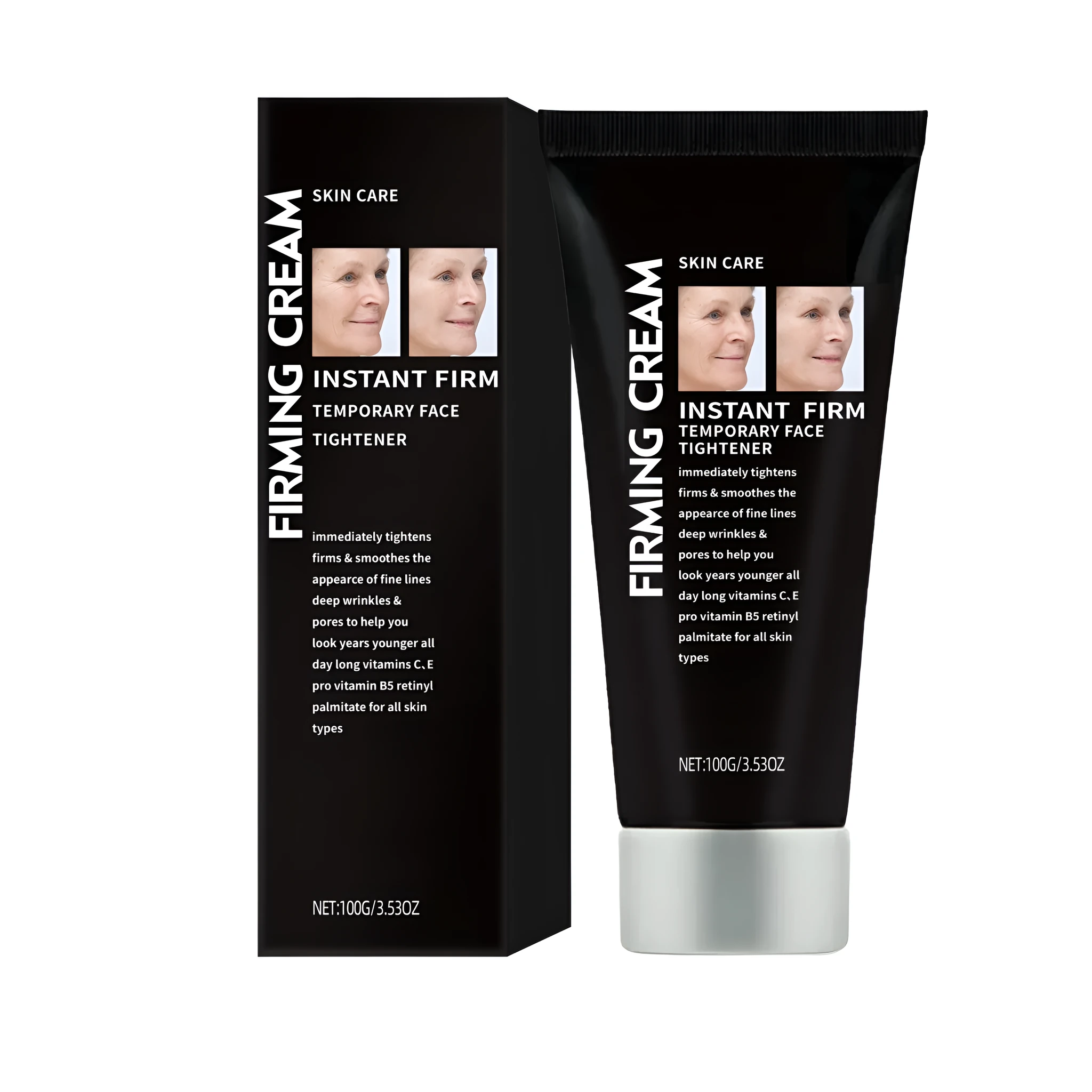 Instant Firm Temporary Face Tightener firming cream in a white jar, 100g, with melittin and peptides