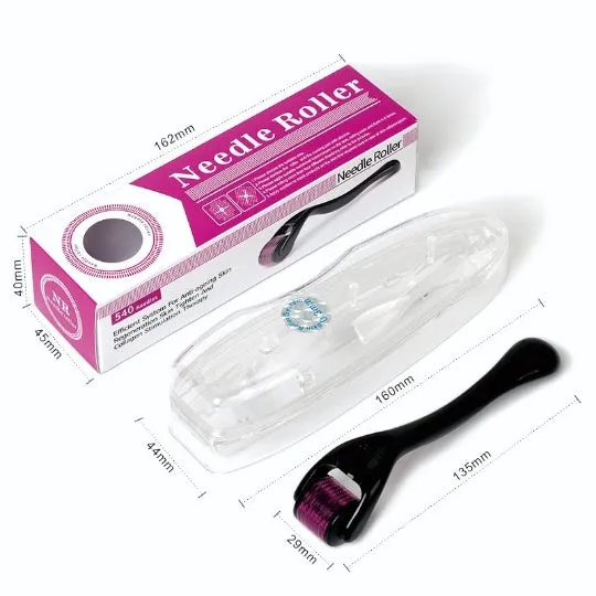 Black and purple derma rollers with titanium microneedles, showing needle size options from 0.2mm to 1mm.