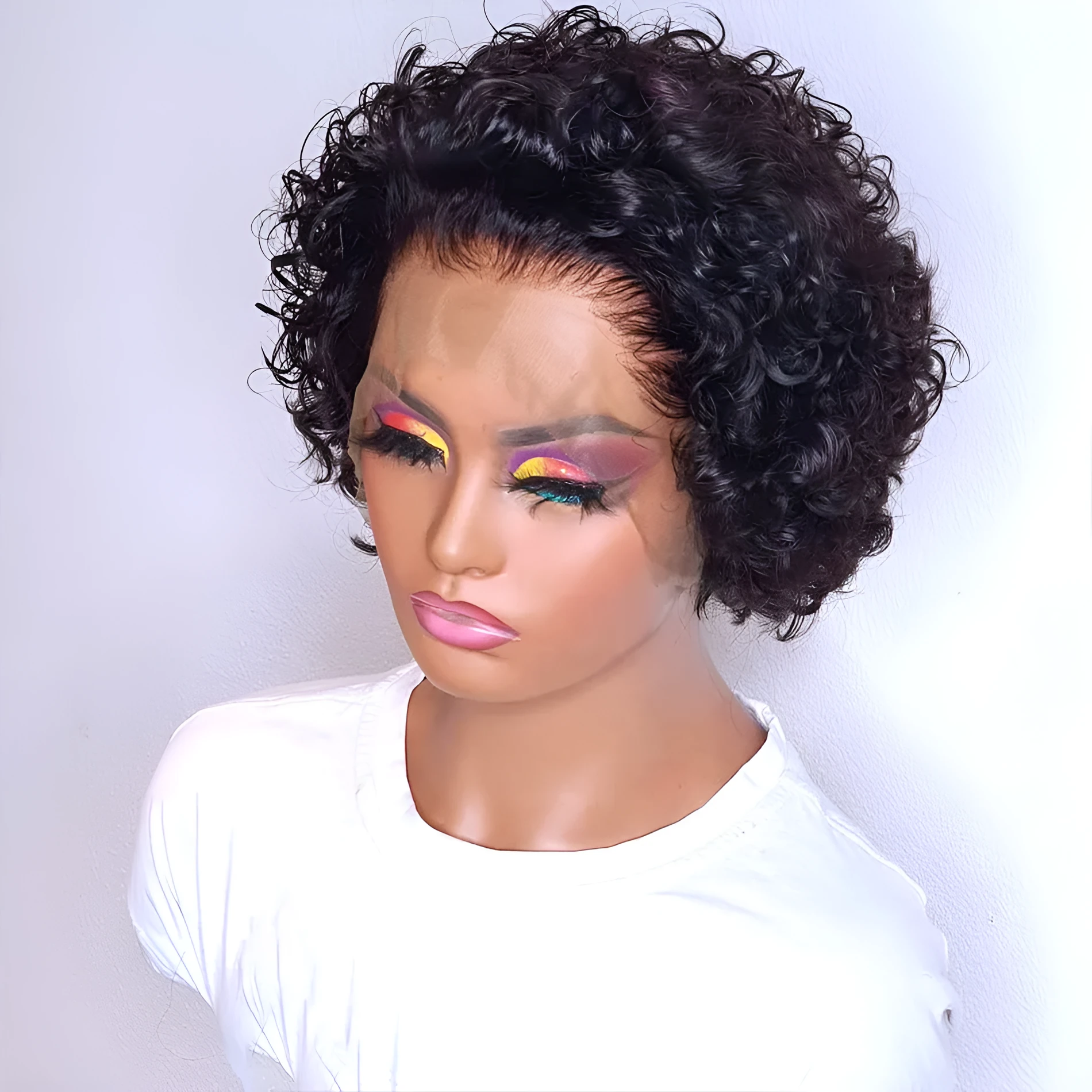 Black lace front hair cover with pre-plucked hairline and 100% human hair on a mannequin head.
