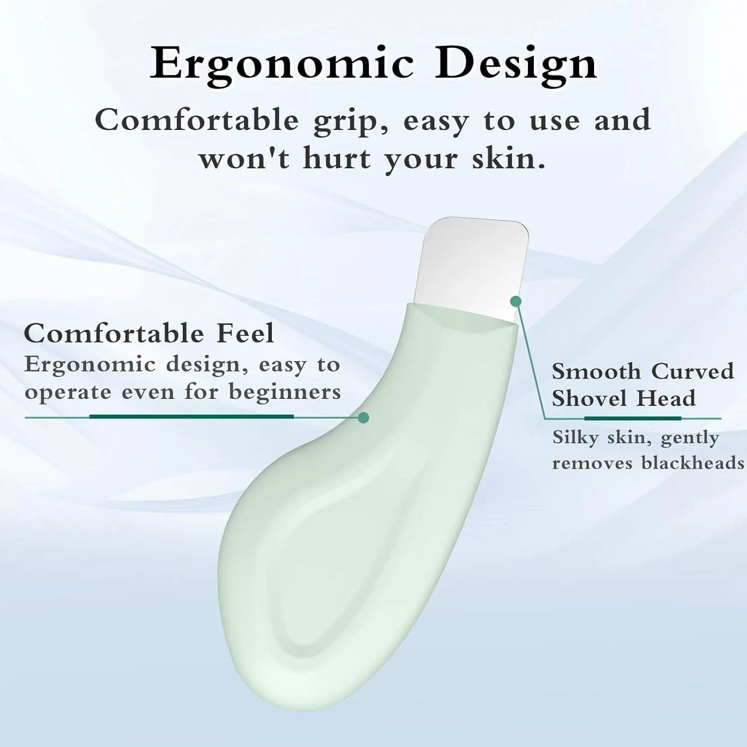 Stainless steel facial pore scraper tool with a non-slip handle for blackhead removal.