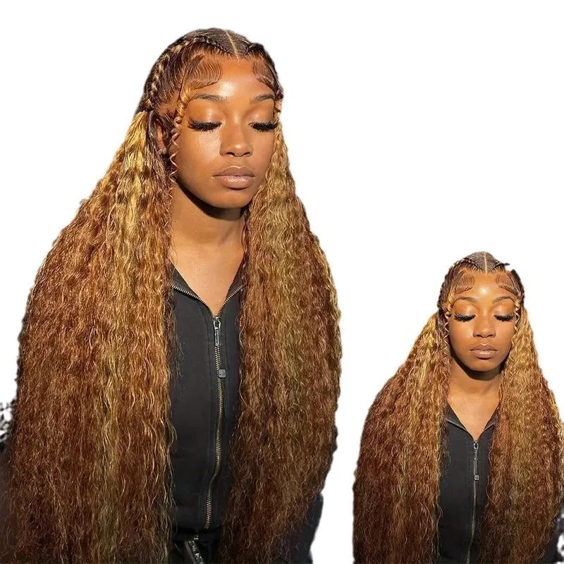 Lace wig with long curly gradient highlight hair in medium small volume, light gold colour