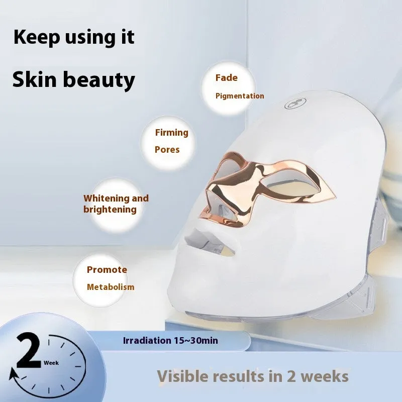 Rechargeable LED beauty mask with touch controls in white and black colour options on a table.