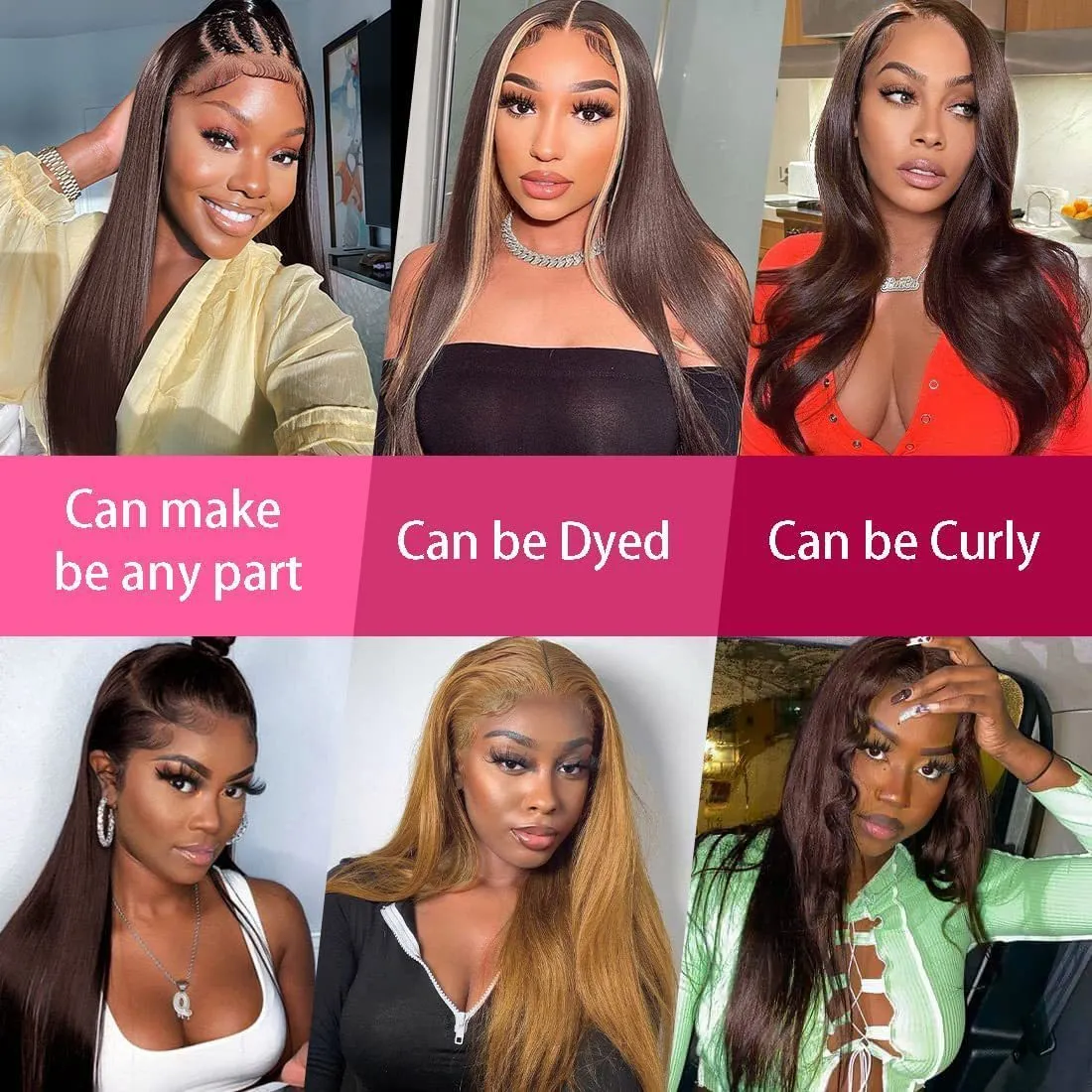 Front lace human hair wig in dark brown with 13x4 lace front, showing natural hairline and long length