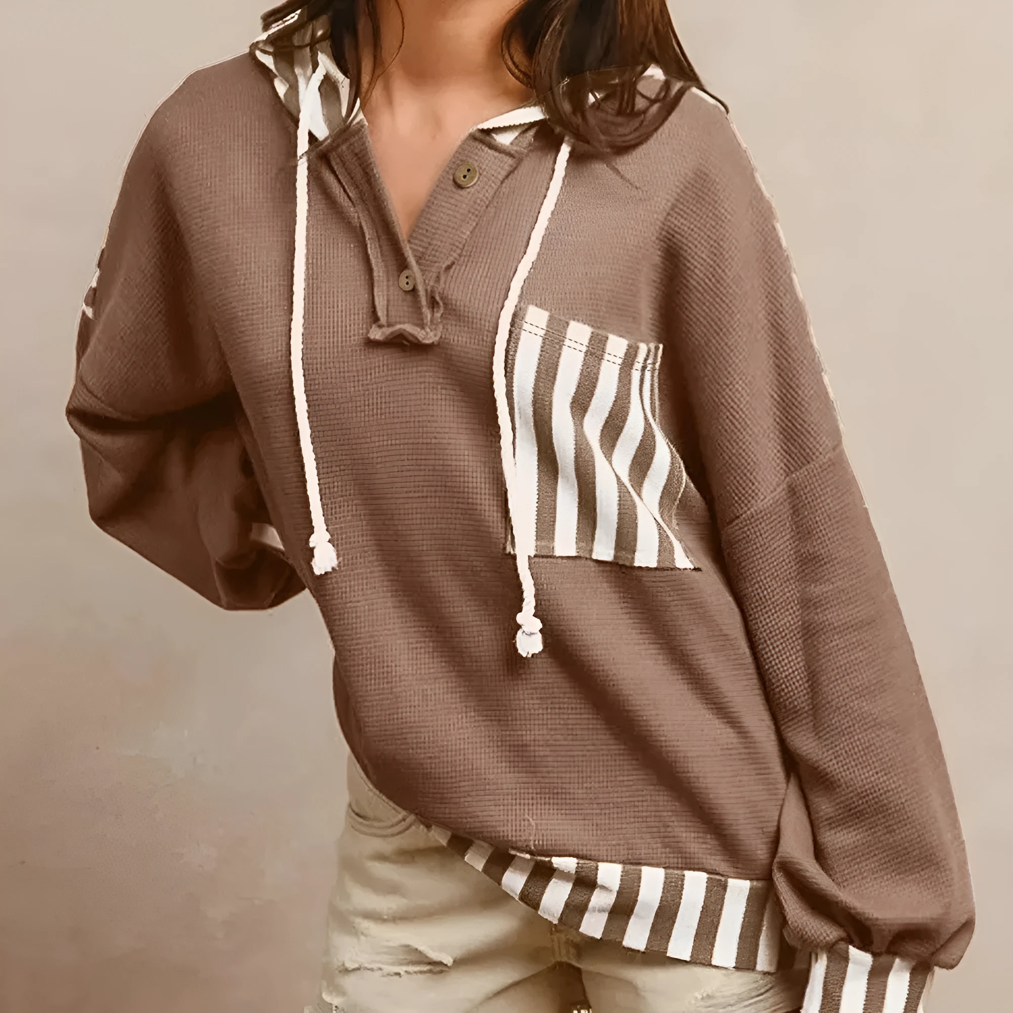 Straw yellow hoodie with waffle texture striped patchwork and a button neck drawstring