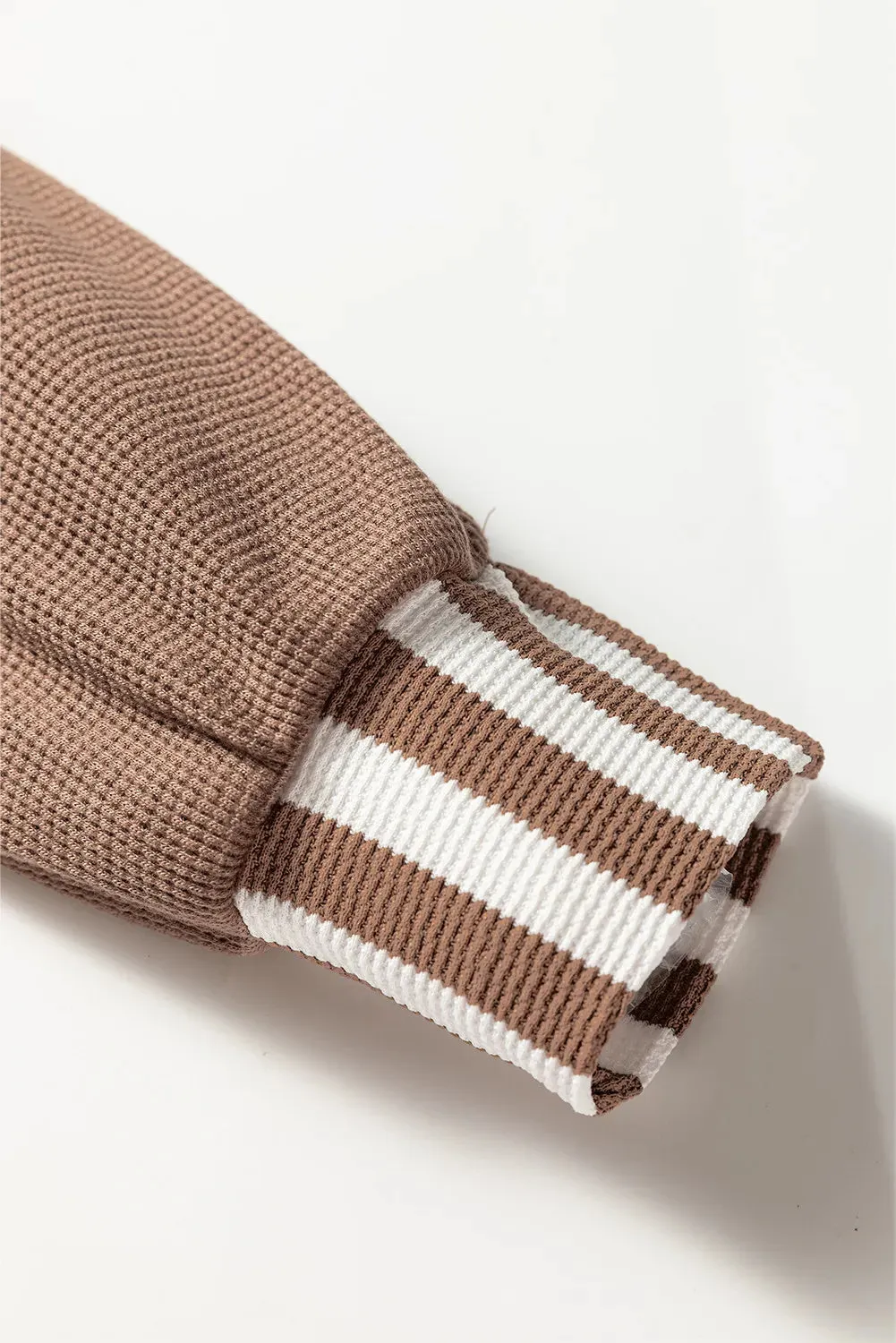 Straw yellow hoodie with waffle texture striped patchwork and a button neck drawstring