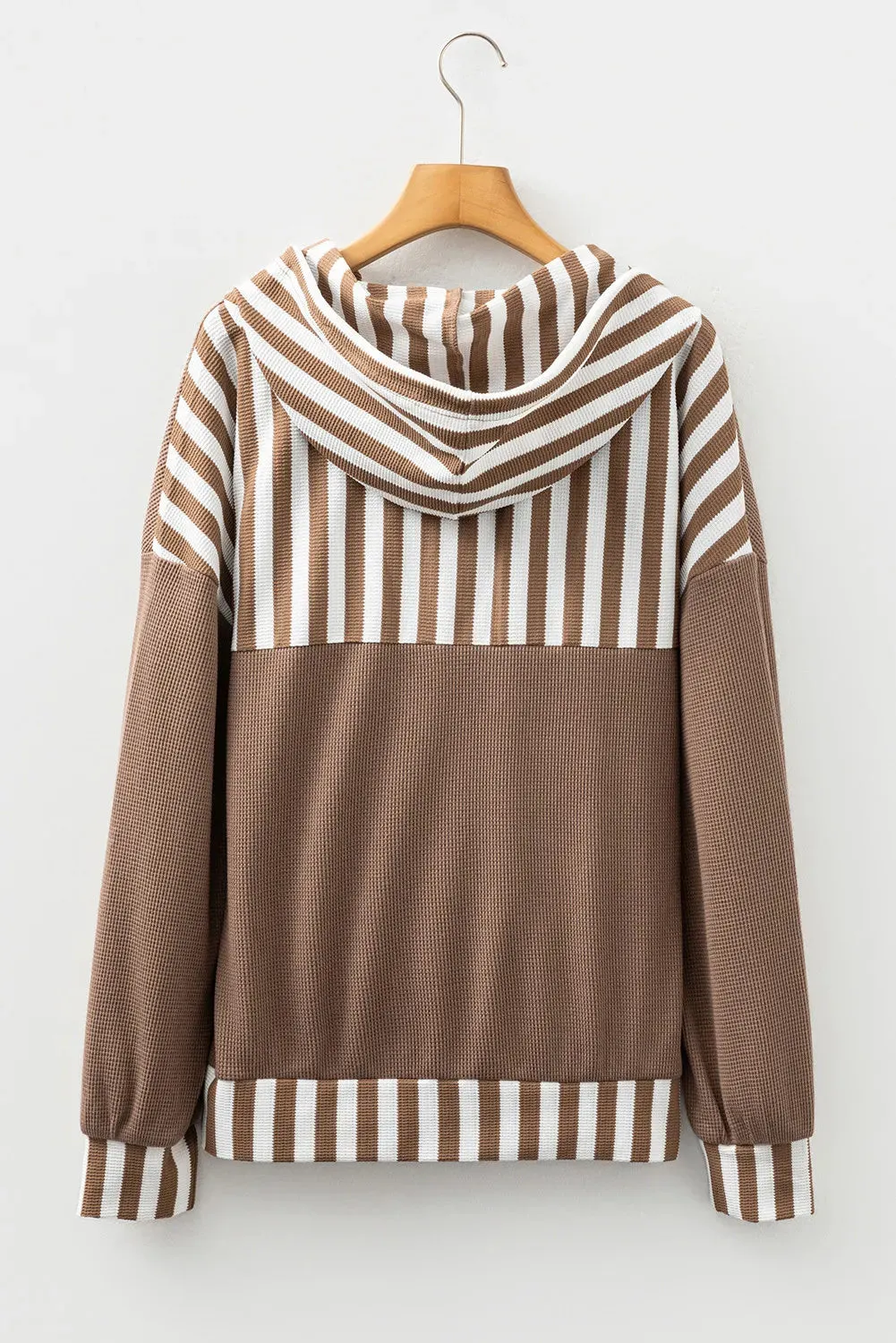 Straw yellow hoodie with waffle texture striped patchwork and a button neck drawstring