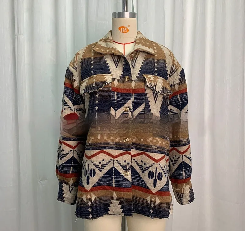 Women's retro style Aztec print jacket in woolen coat fabric, shown in army green.