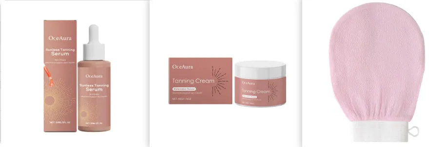 Self tanning cream with coconut oil and walnut shell extract in 60ml set with essence and bath gloves