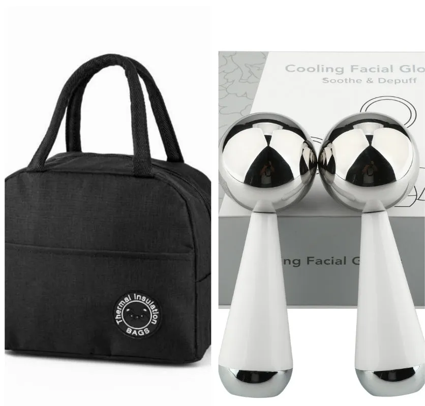 Silver stainless steel facial ice roller measuring 145x50mm on a clean surface