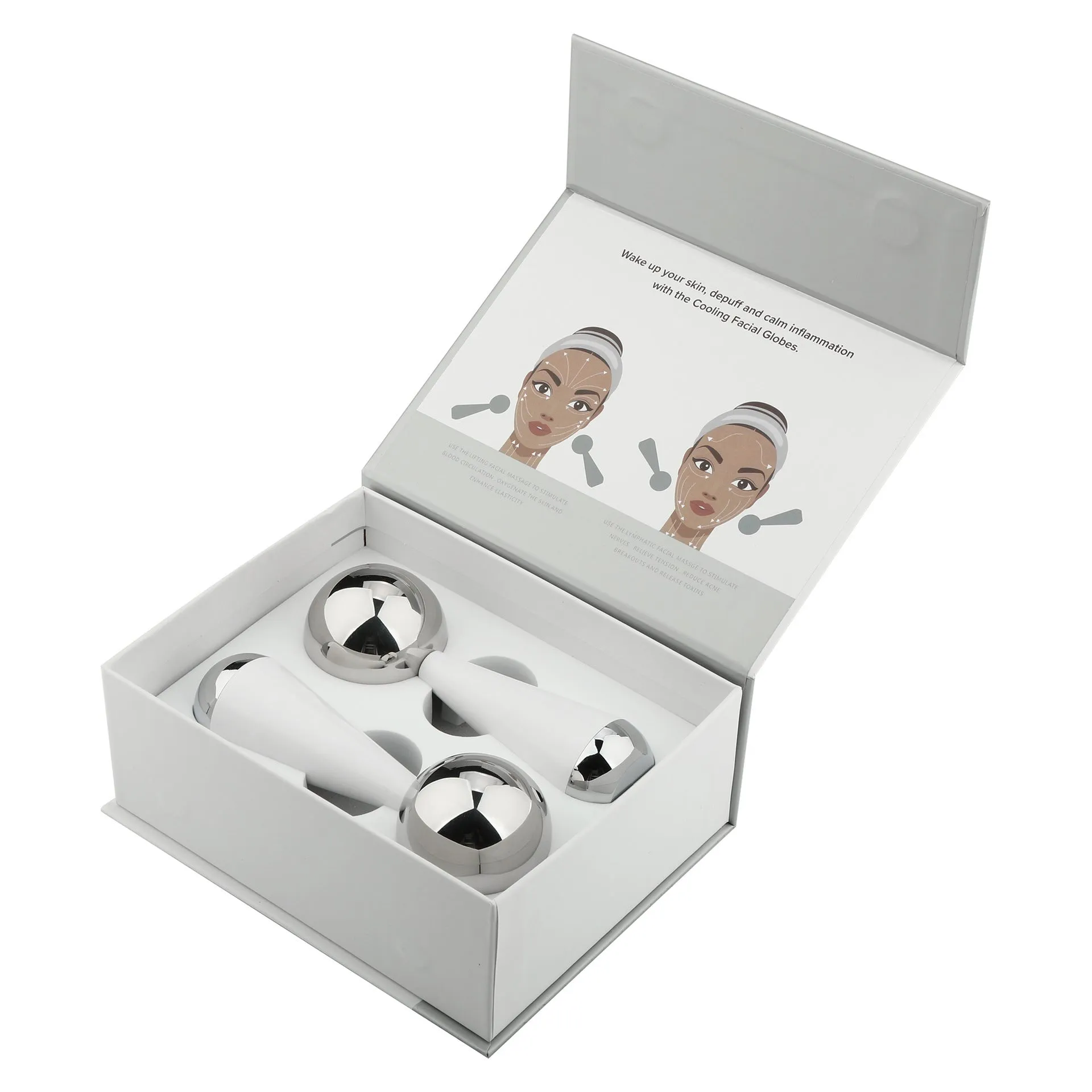 Silver stainless steel facial ice roller measuring 145x50mm on a clean surface