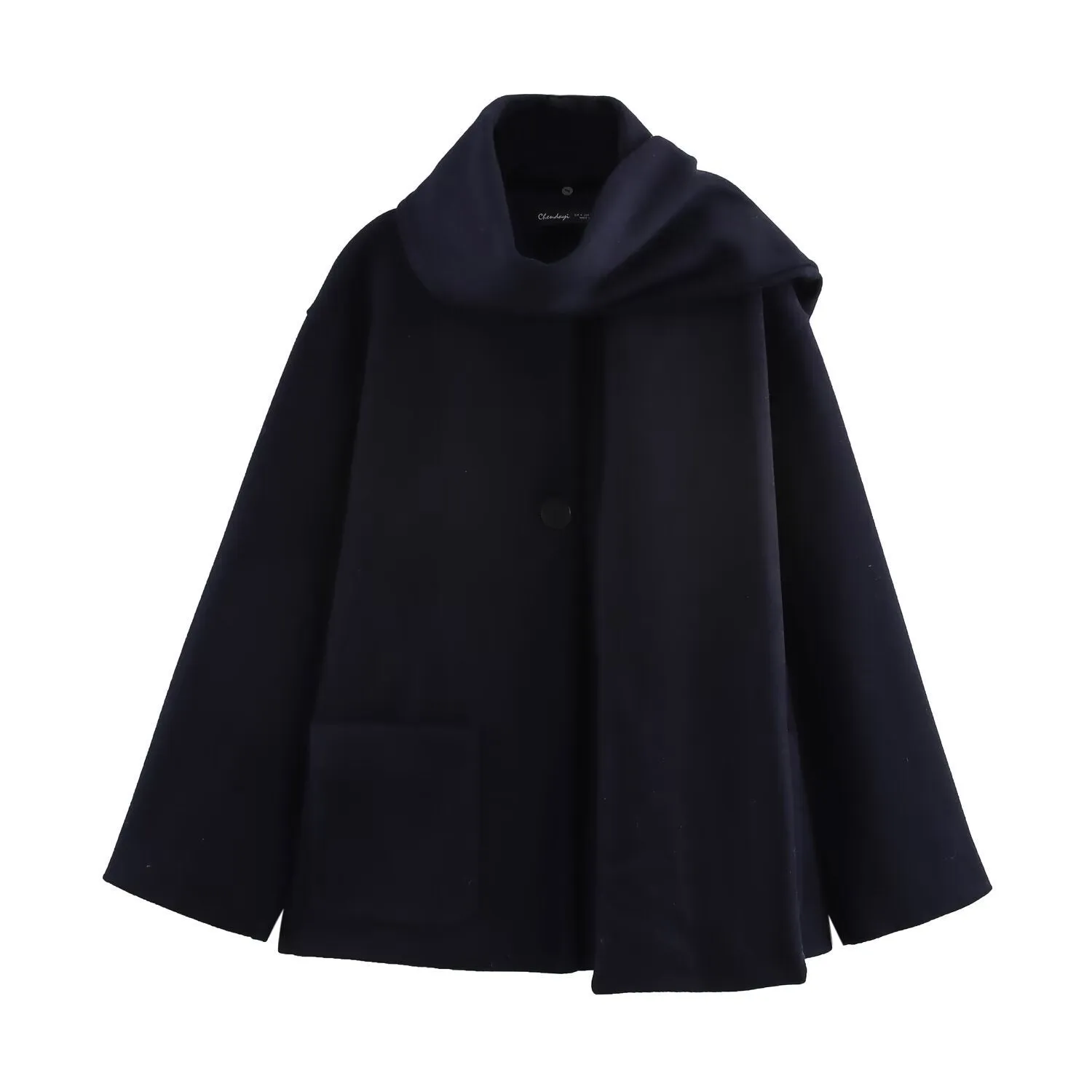 Women's long black coat with artificial fur collar, showing extended length and pocket detail.